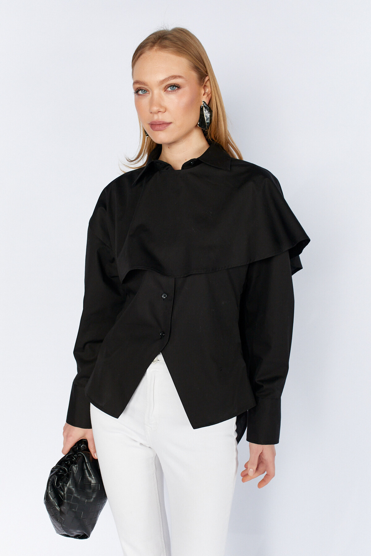 Kendinden Pelerin Detaylı Poplin Gömlek | MKS1611126-1 - Siyah