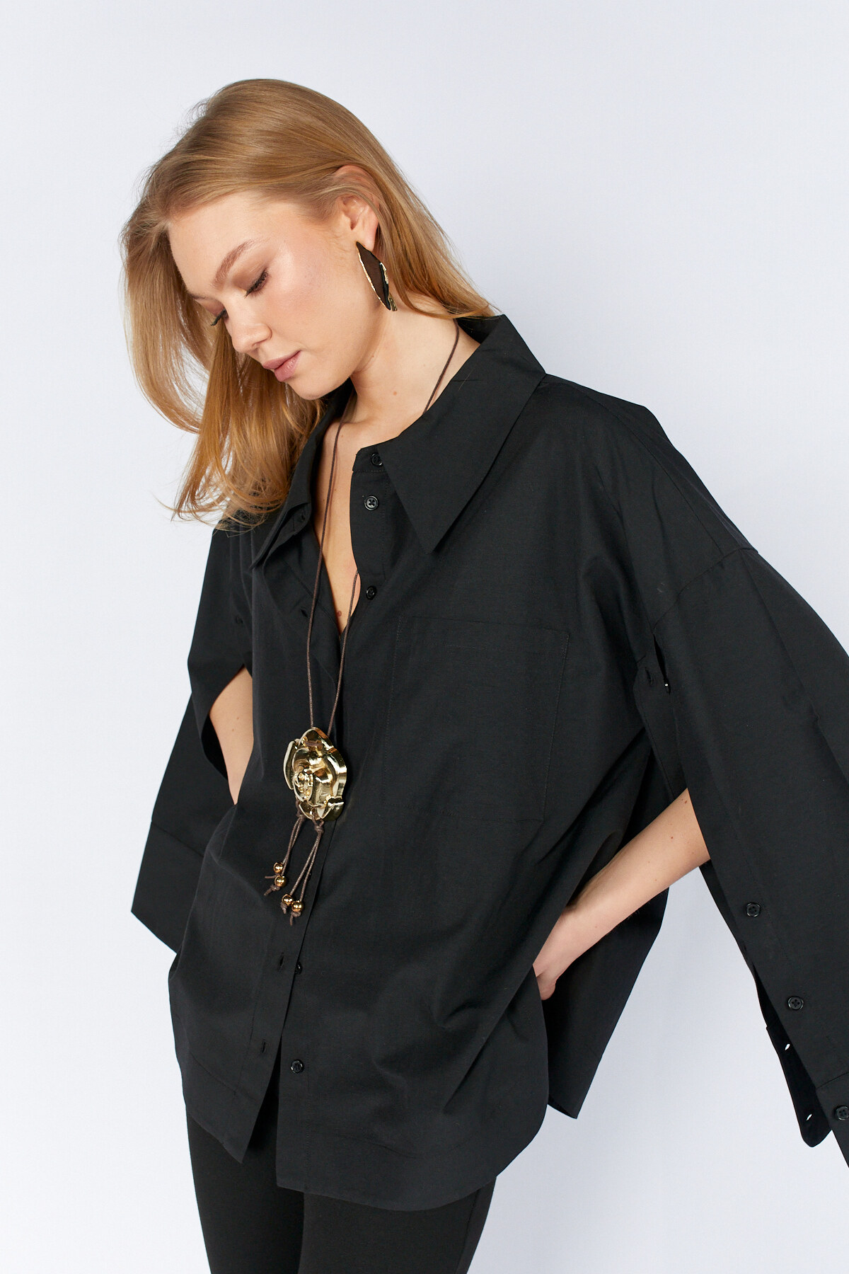 Kol Detaylı Oversize Poplin Gömlek | MKS1610113-1 - Siyah