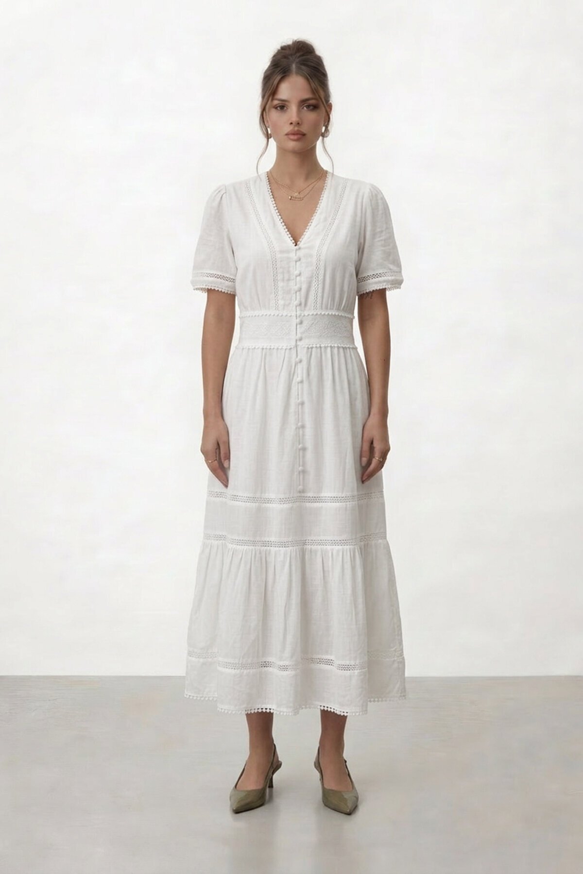 VAGGON  V Yaka Düğmeli Katlı Astarlı Midi Elbise - Görsel 2