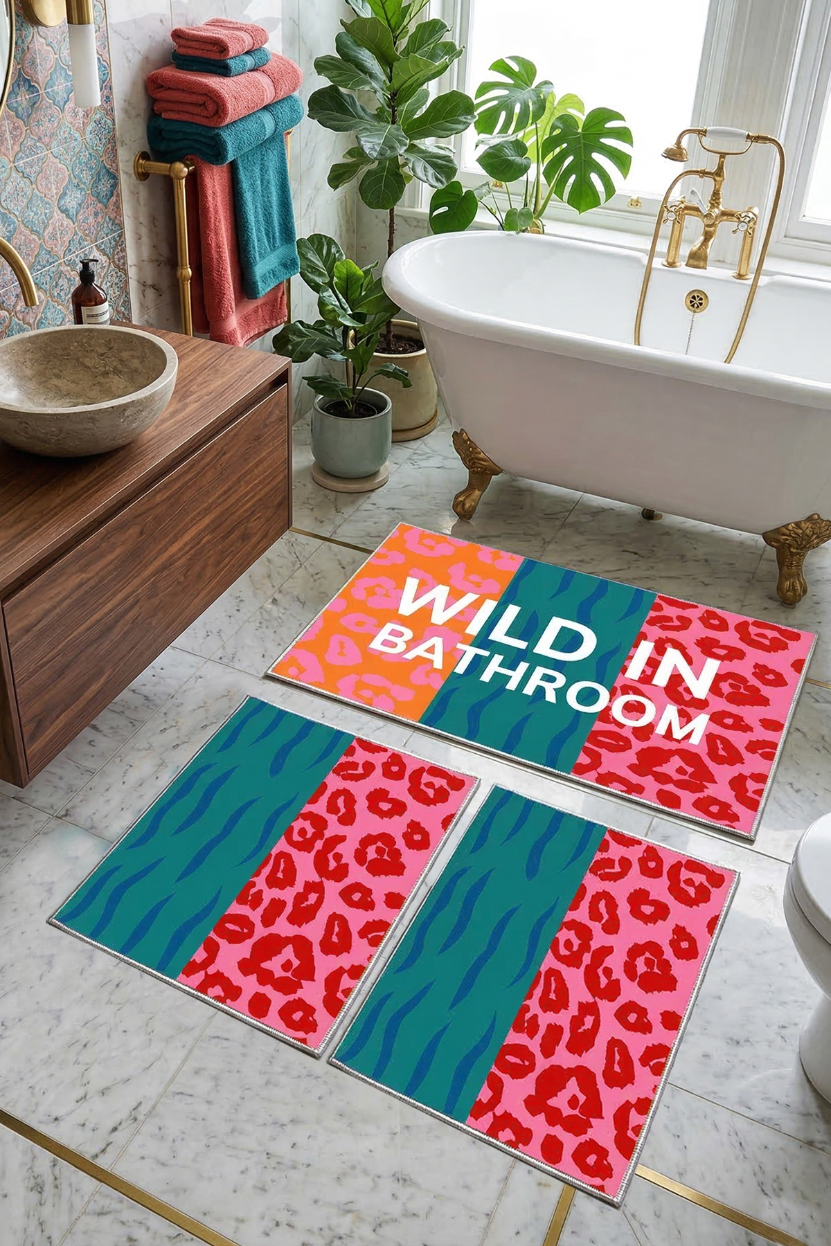 Wildleos 3-Piece Bath Mat,Non-Slip Base,Washable 60x100 50x60 50x60 cm