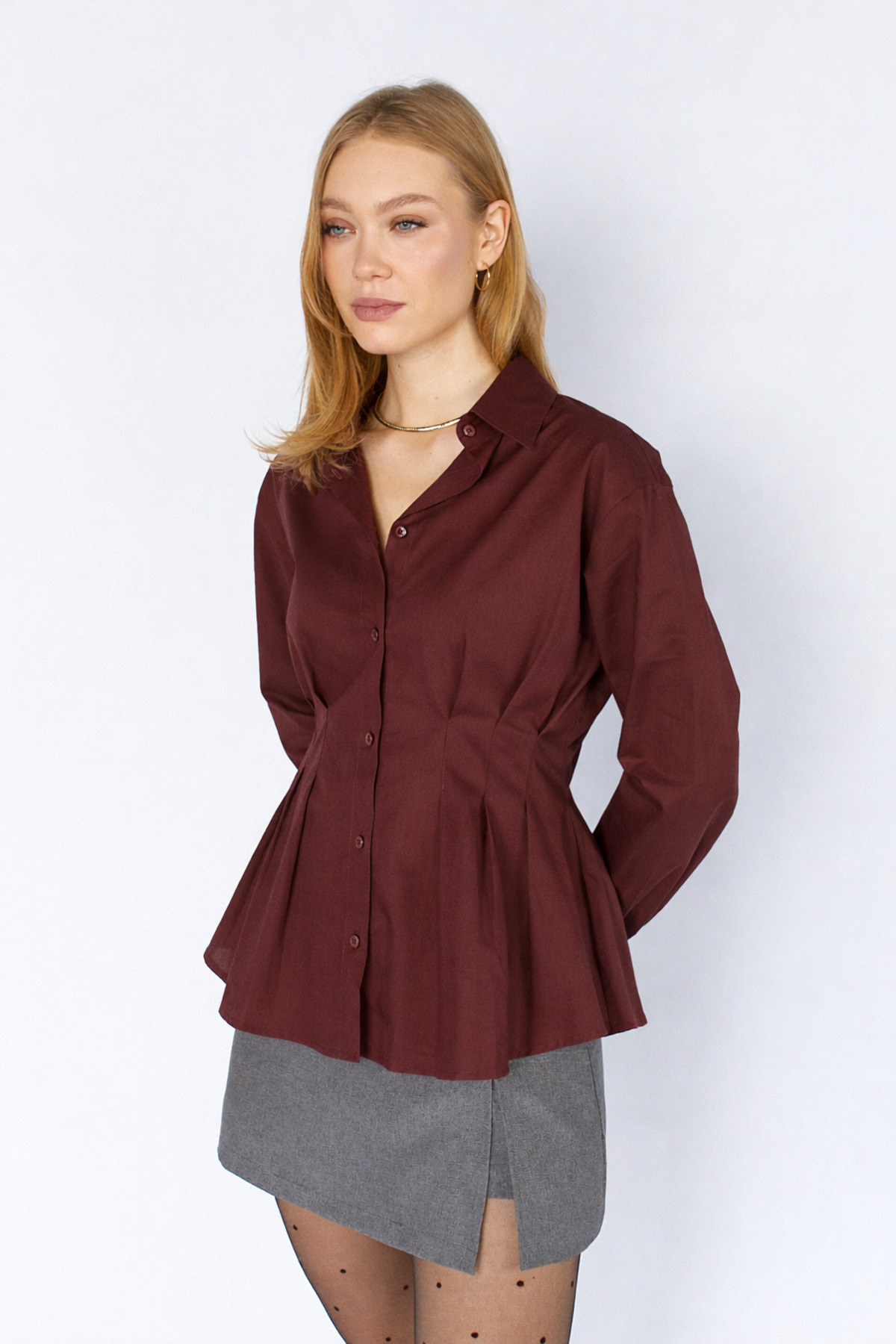 Pilili Belden Oturan Poplin Gömlek | MKS1610919-1 - Bordo