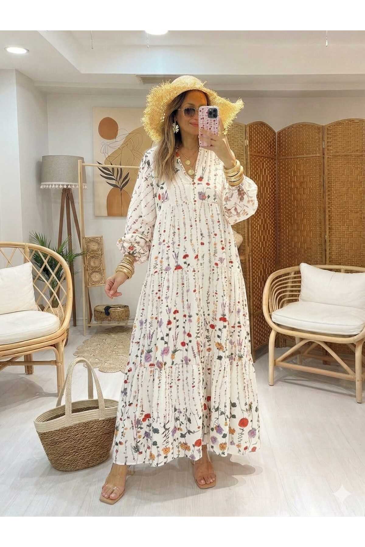 QUAWEAR  V Yaka Desenli Viskon Kumaş Tam Boy Elbise - Görsel 4