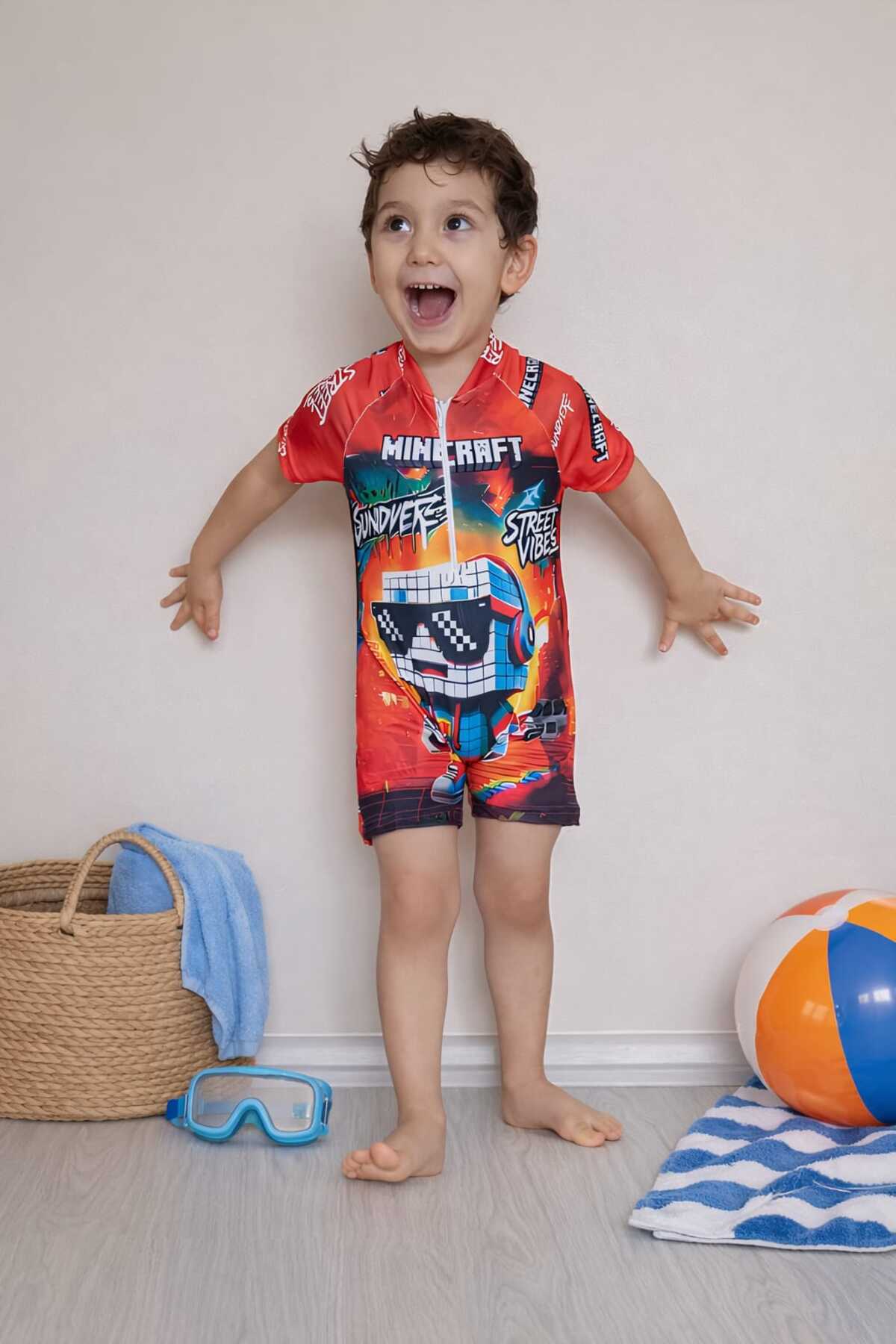 Belya Kids Wear Erkek Çocuk Sevimli Karakter1 Fermuarlı Tulum Mayo fotoğrafı 2 (önizleme)