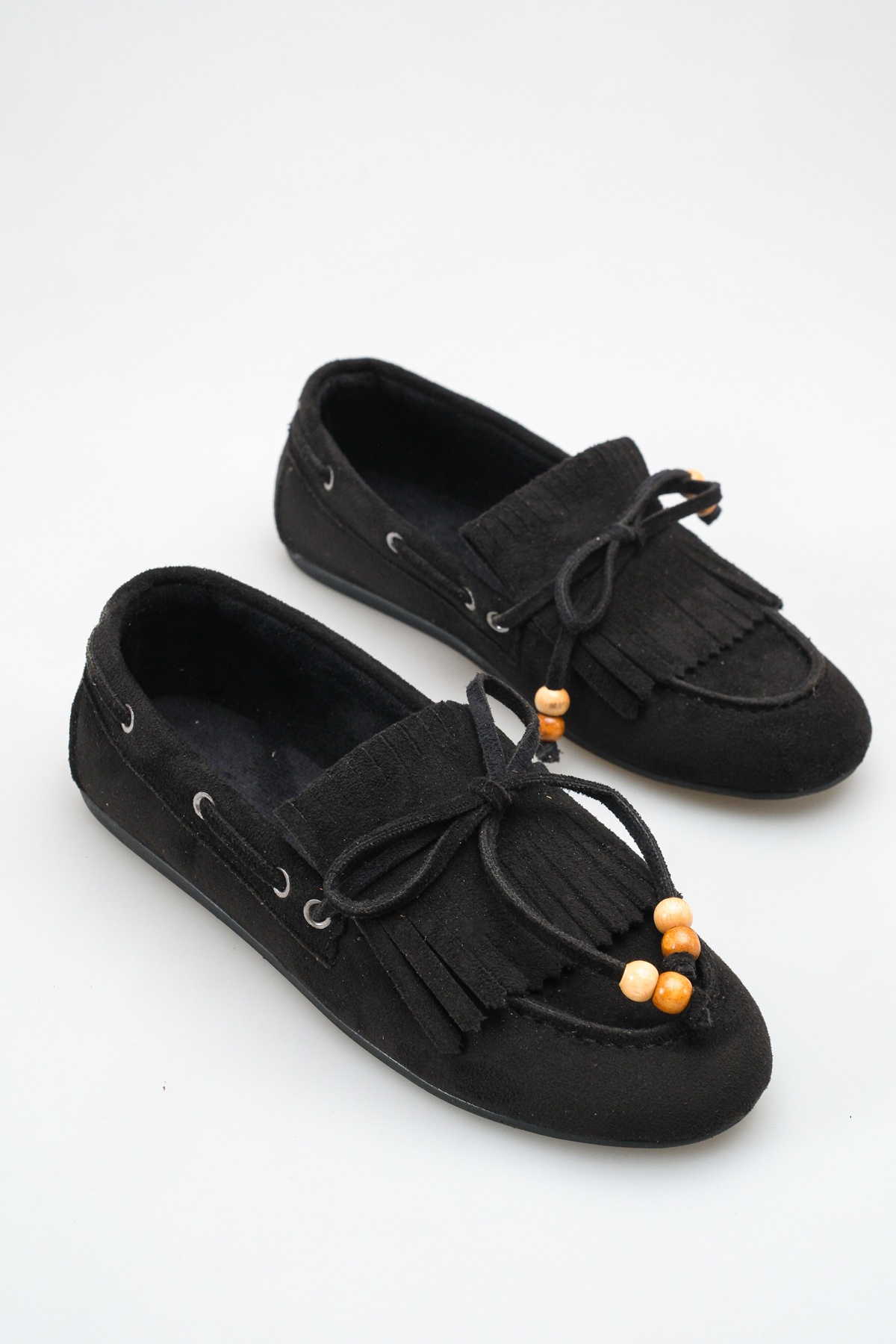 Women's Beads and Tassel Detailed Flats Black Suede
