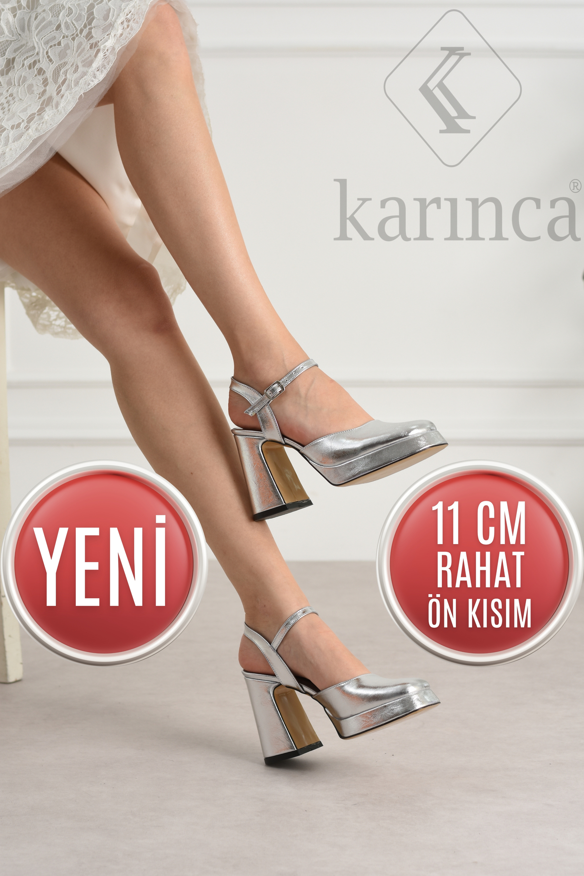 Gümüş Kalın Topuklu abiye ayakkabı 11 cm önü kapalı