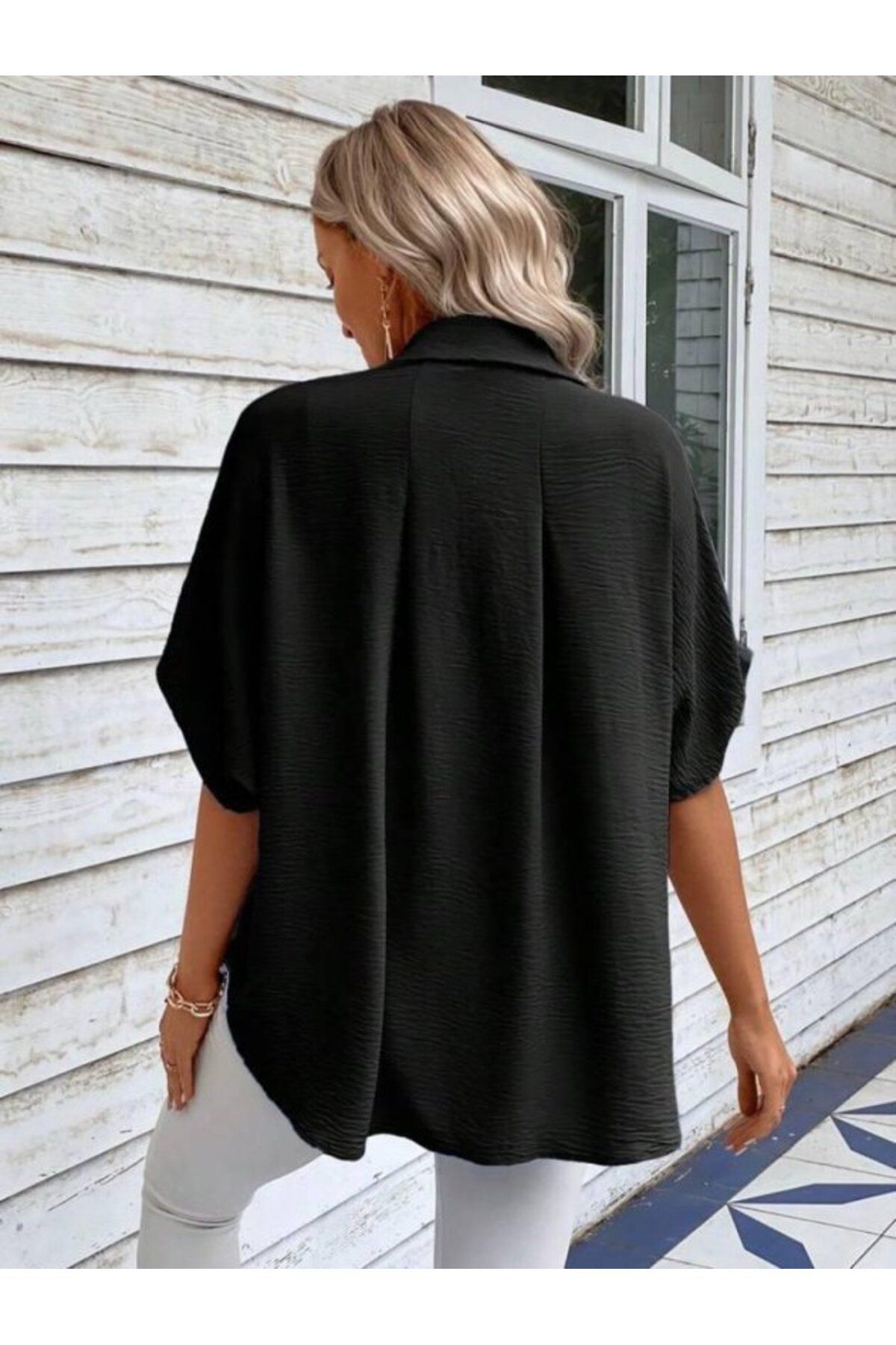 GETFAY Kadın Aerobin Kumaş Oversize Kısa Kollu Gömlek - Siyah / 2XL-3XL fotoğrafı 4 (önizleme)