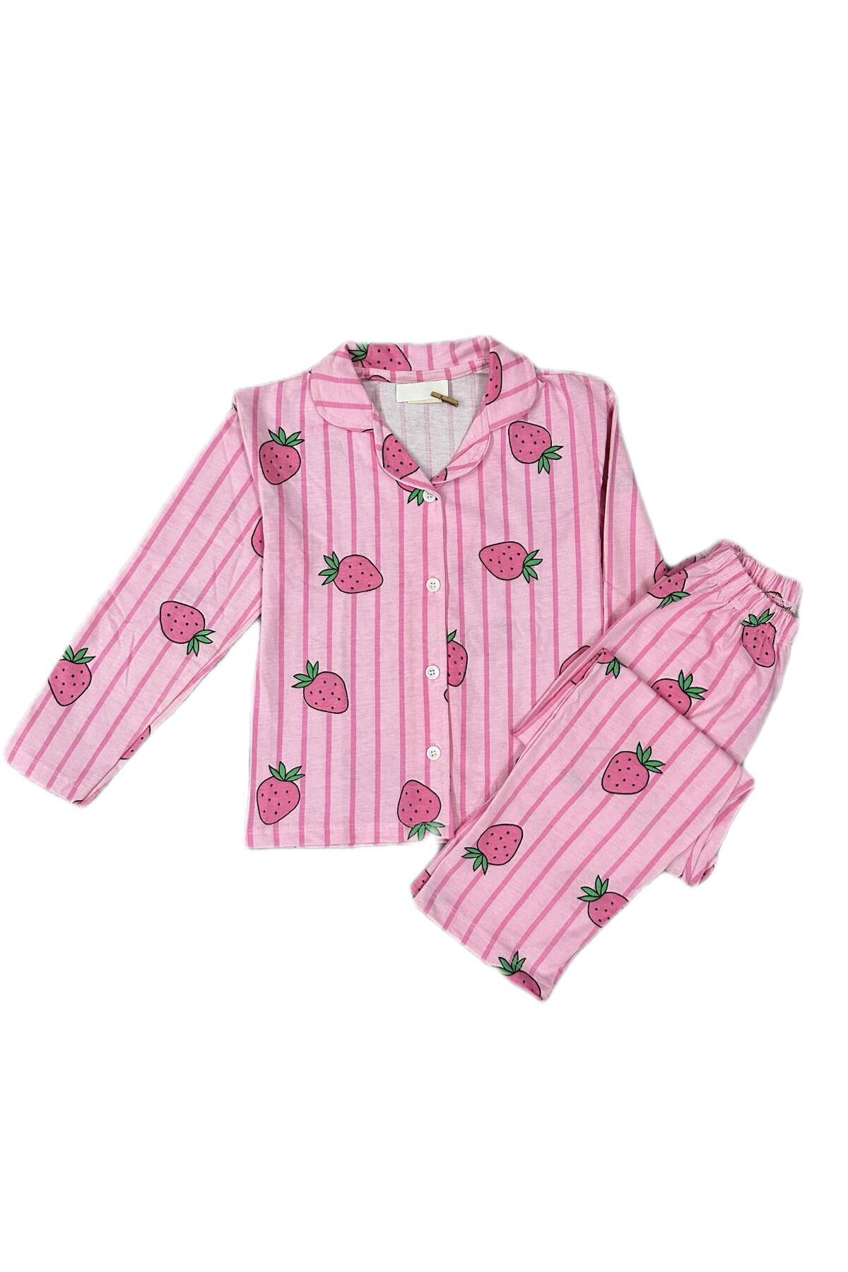 byalisdmr KIZ ÇOCUK PİJAMA TAKIMI PEMBE ÇİLEK DESEN %100 PAMUK SÜPREM KUMAŞ UZUN KOL GÖMLEK YAKA fotoğrafı 3 (önizleme)