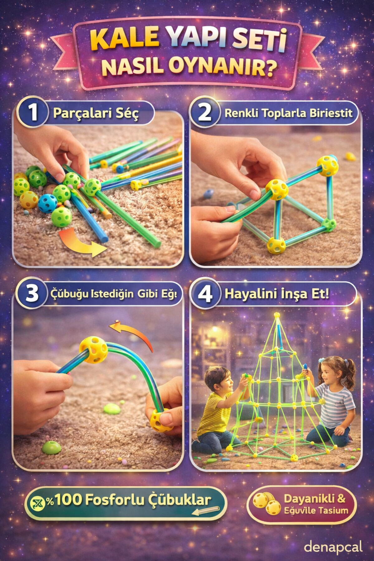 DENAPCAL Çocuk Oyun Evi Oyun Çadırı ve İnşa Seti 200 Parça Eğitici Kale Kurma STEM Yapı Oyuncağı fotoğrafı 4 (önizleme)