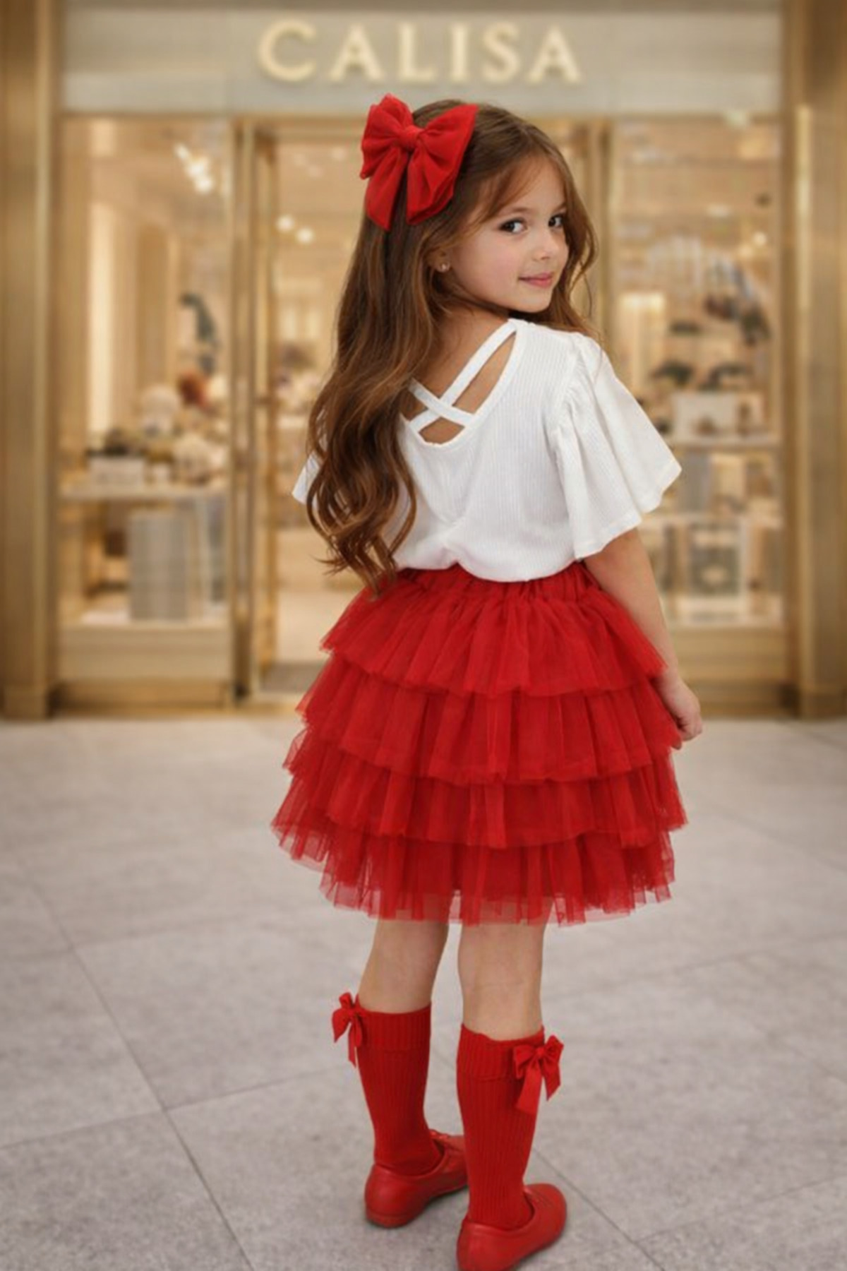 Calisa  Kız Çocuk Kırmızı Kat Kat Tütü Etek – 23 Nisan Gösteri Eteği, Özel Gün & Bayram Kombini, 2-7 Yaş - Görsel 3