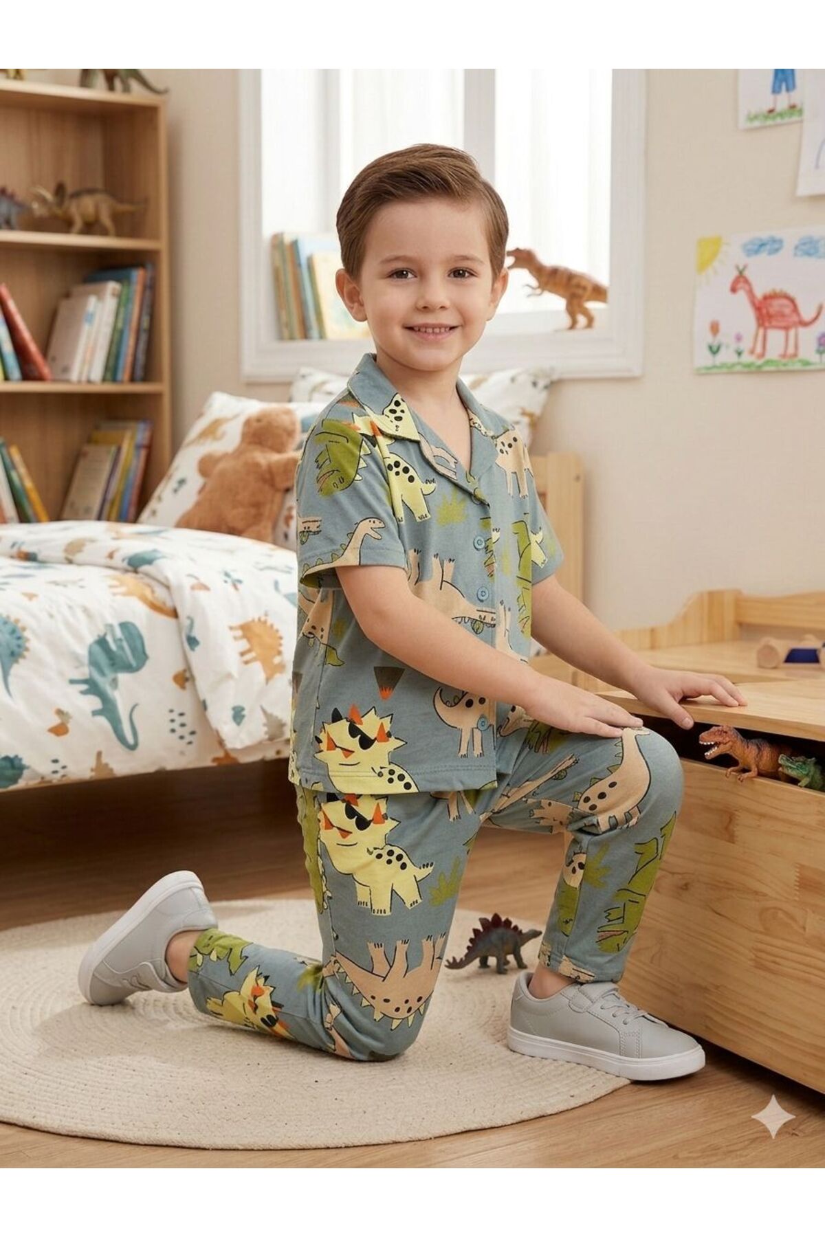 SERRASTIL Erkek Çocuk Dinazor Desenli Pamuklu Düğmeli Kısa Kollu Pijama Takımı fotoğrafı 2 (önizleme)