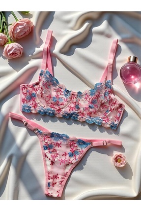 Pink Angell Pudra Çiçek Desenli Balenli Brode Sütyen Takımı