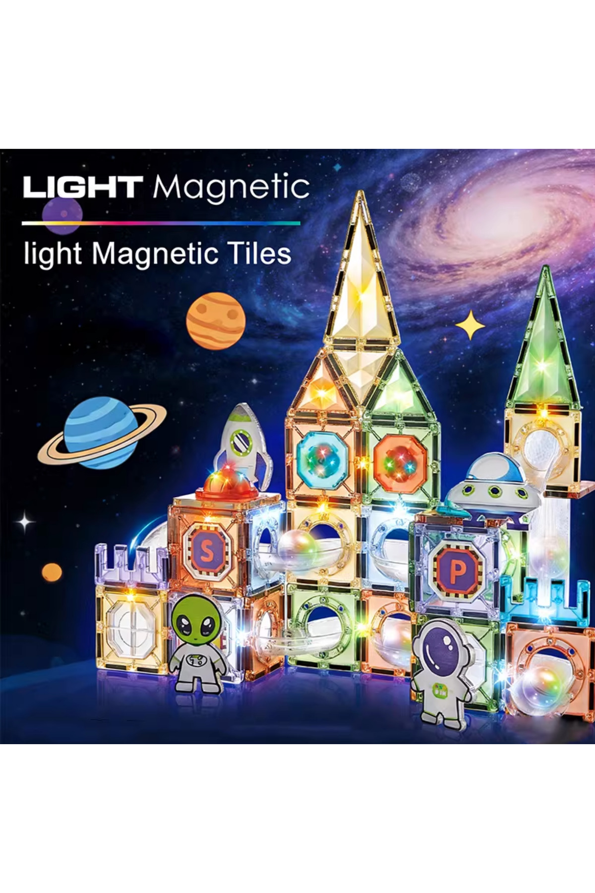 LRS STORE Manyetik Yapı Blokları–Çocuklar İçin Renkli 3 Boyutlu 100 Parça Mıknatıslı Karo Oyun Seti Uzay Tema fotoğrafı 2 (önizleme)