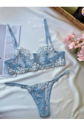 Pink Angell Mavi Çiçekli Brode Sütyen Takımı