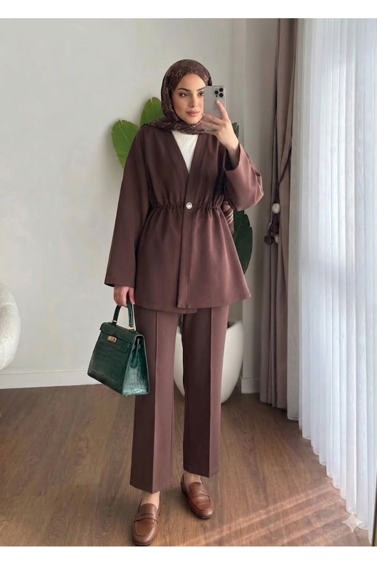 onlymoon Tesettür Double Crepe Top and Bottom Set Brown | Elastic Waist Trousers Comfortable Cut Stylish Combination