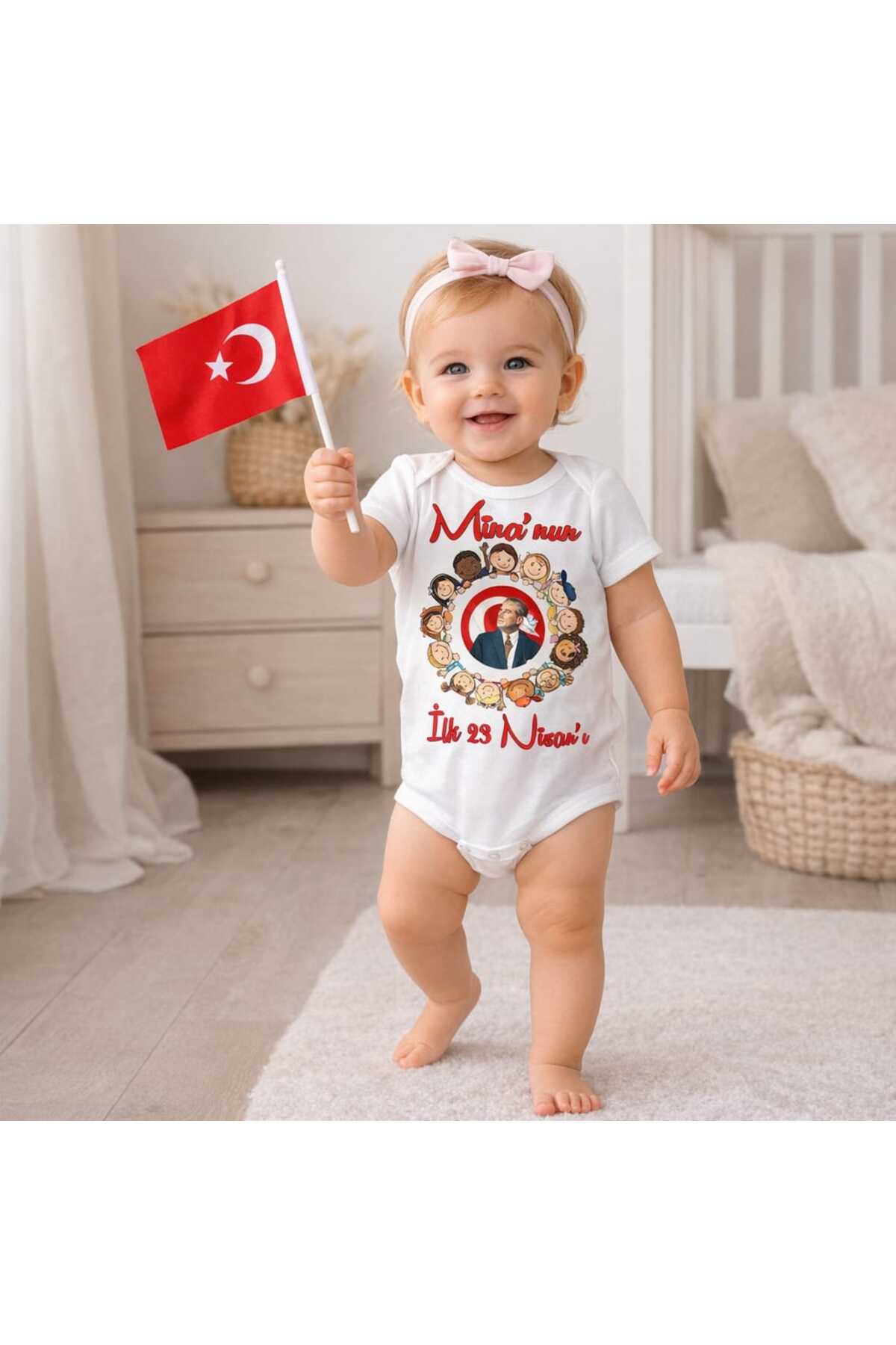 BY TUNA DESİGN Kişiye Özel 23 Nisan Bebek Body – İsimli Atatürk Baskılı Türk Bayraklı Zıbın (0-12 Ay) fotoğrafı 2 (önizleme)