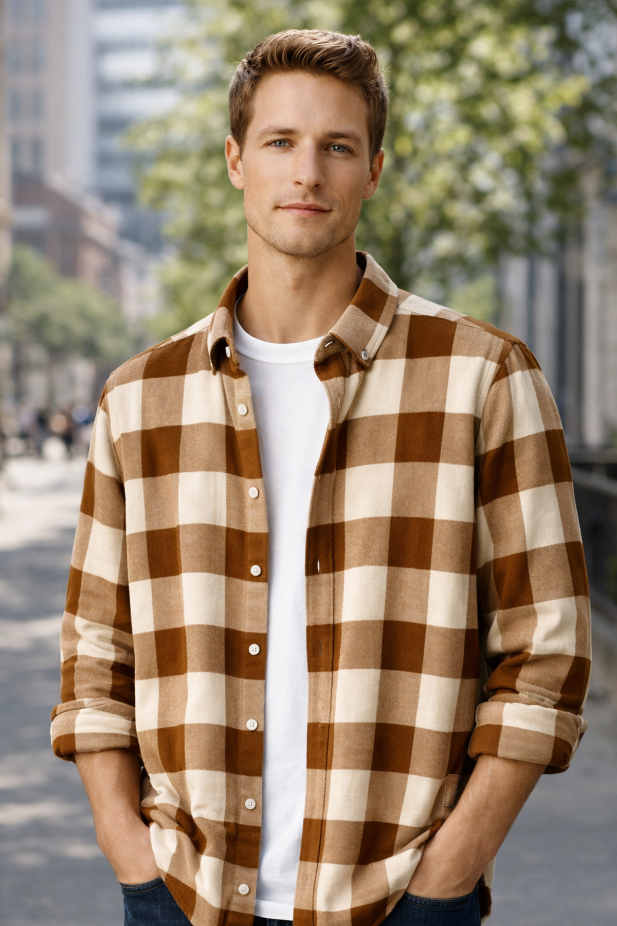 Brown-and-white checkered woodcutter shirt for men – comfortable Fit, new seasonal winter fashion trend