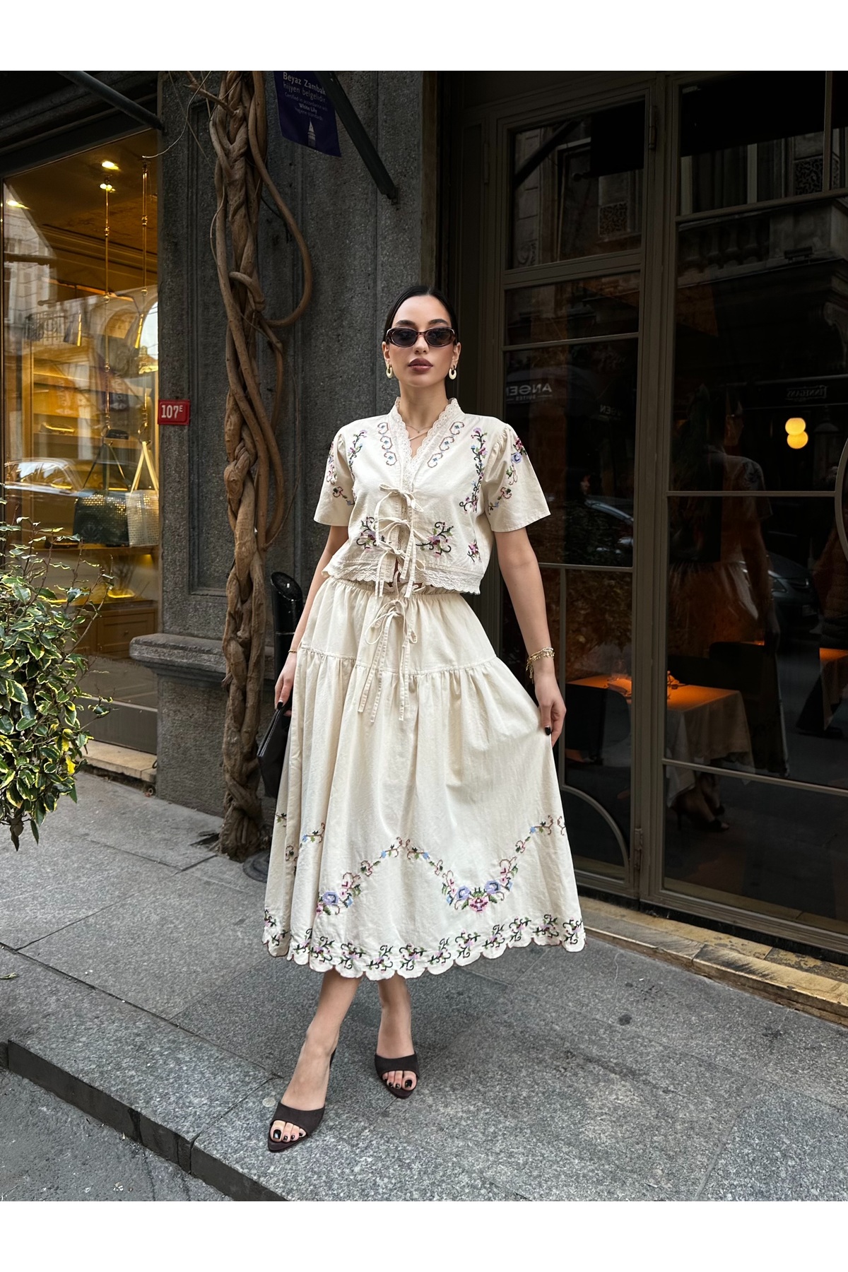 Nes Moda Embroidered Linen Suit Shirt Skirt