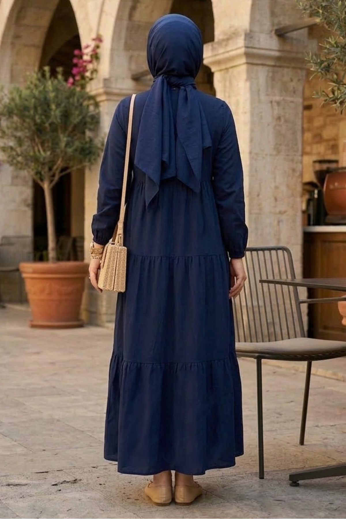 TOFİSA  Nakışlı Düğmeli Dokuma Viskon Elbise Lacivert - 28326-LACIVERT - Görsel 3