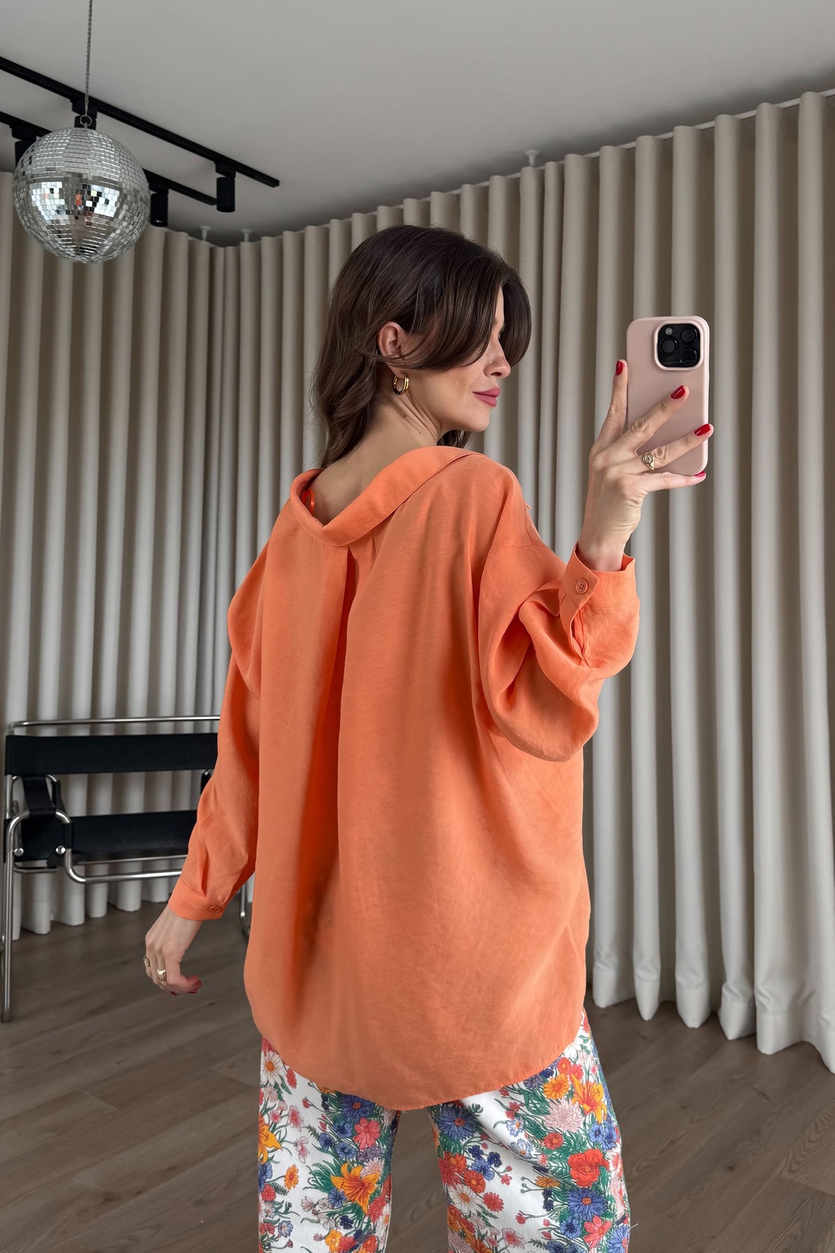 Sue Store  Turuncu Oversize Modal Kumaş Gömlek - Görsel 7