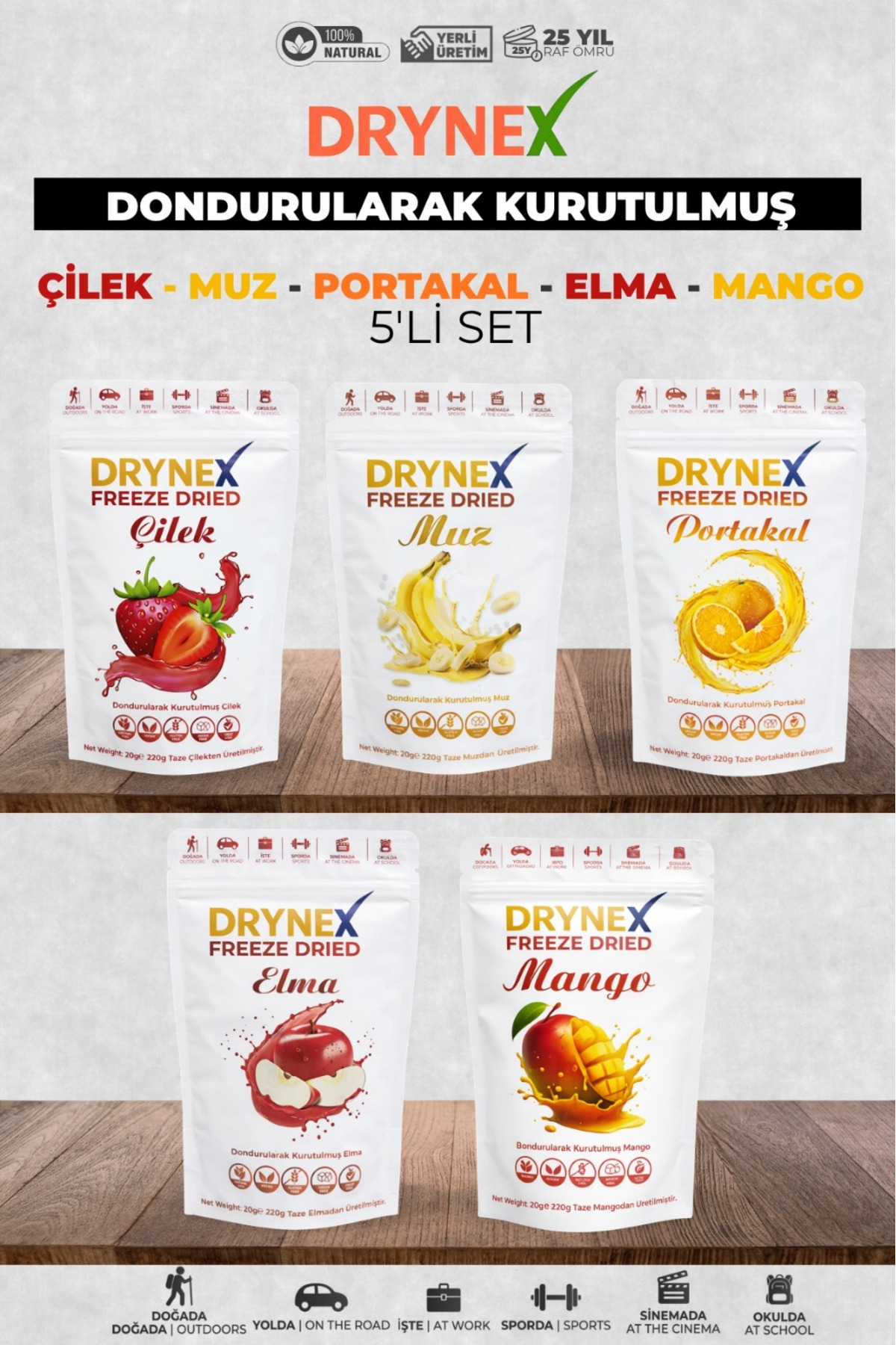 DRYNEX Freeze Dried 5'li Meyve Seti (Çilek, Muz, Portakal, Elma