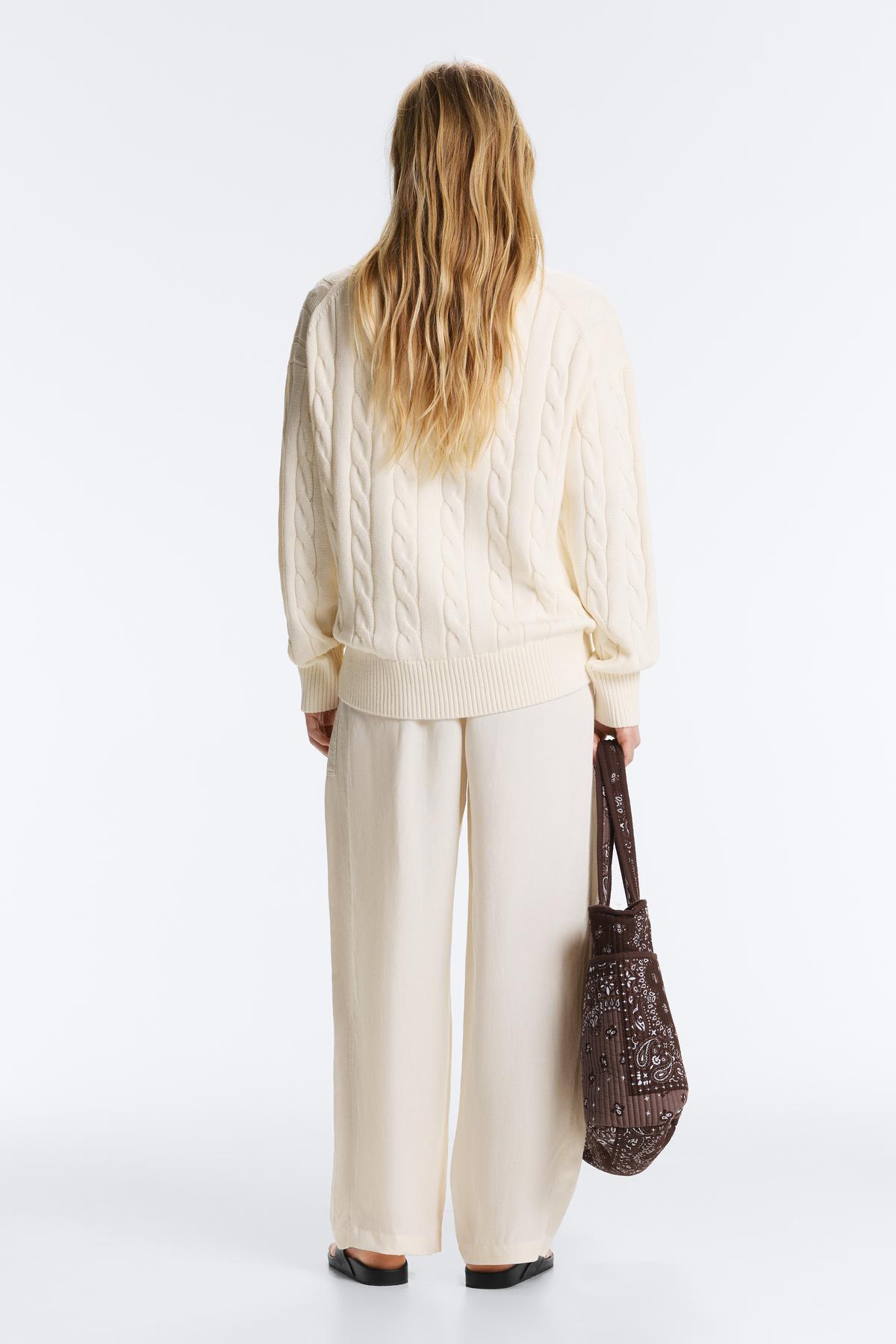 Oysho  V yaka saç örgü %100 pamuklu kazak - Görsel 4