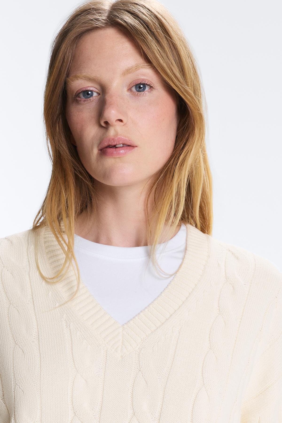 Oysho  V yaka saç örgü %100 pamuklu kazak - Görsel 3