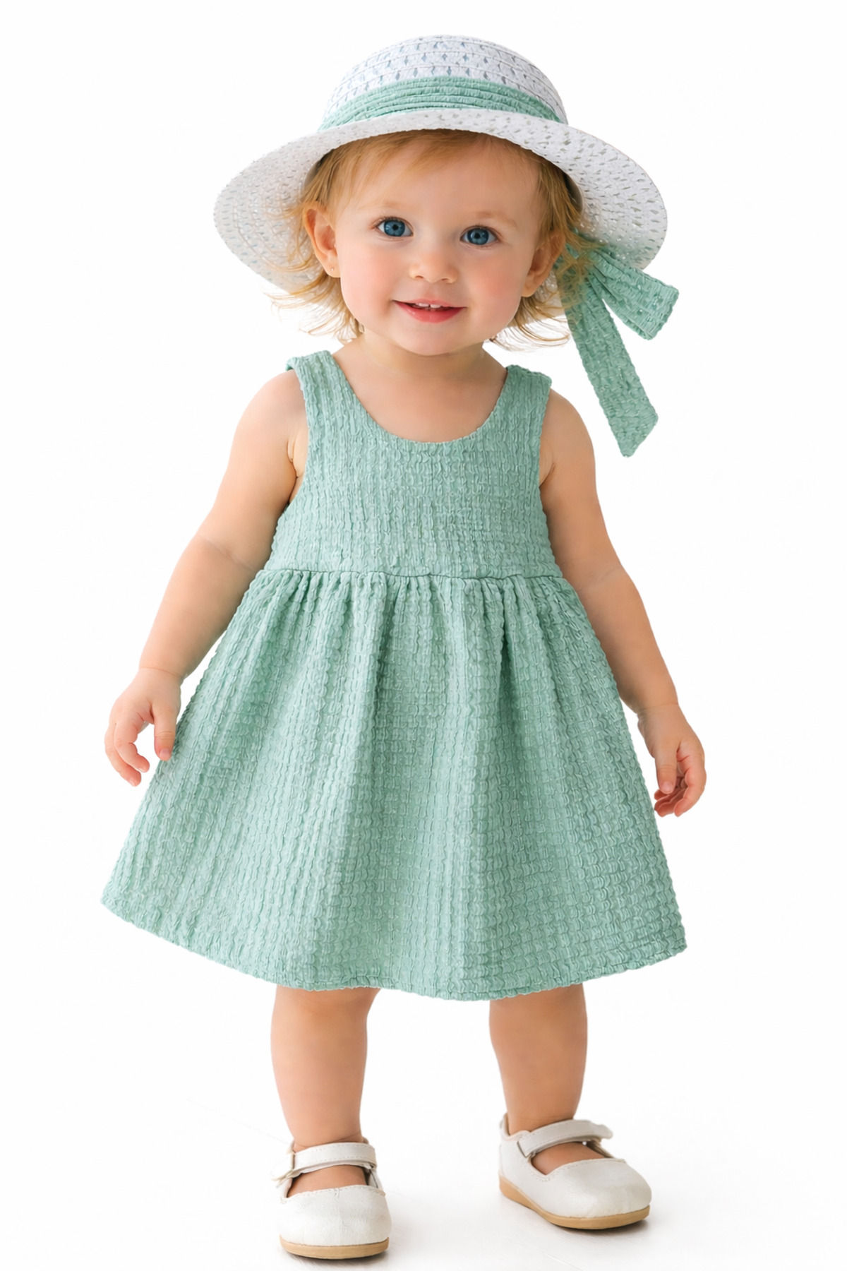Chicsy Baby Tatlı Kız Bebek Tarz Elbise Şapkalı Fiyonk Detaylı Yazlık 2’li Kombin