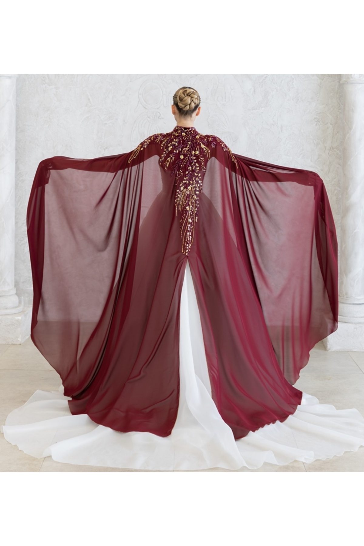 NEW GENERATION BURGUNDY KAFTAN-BINDALLI -CLOAK ON WEDDING DRESS -CHIFFON KAFTAN -BURGUNDY HENNA DRESS