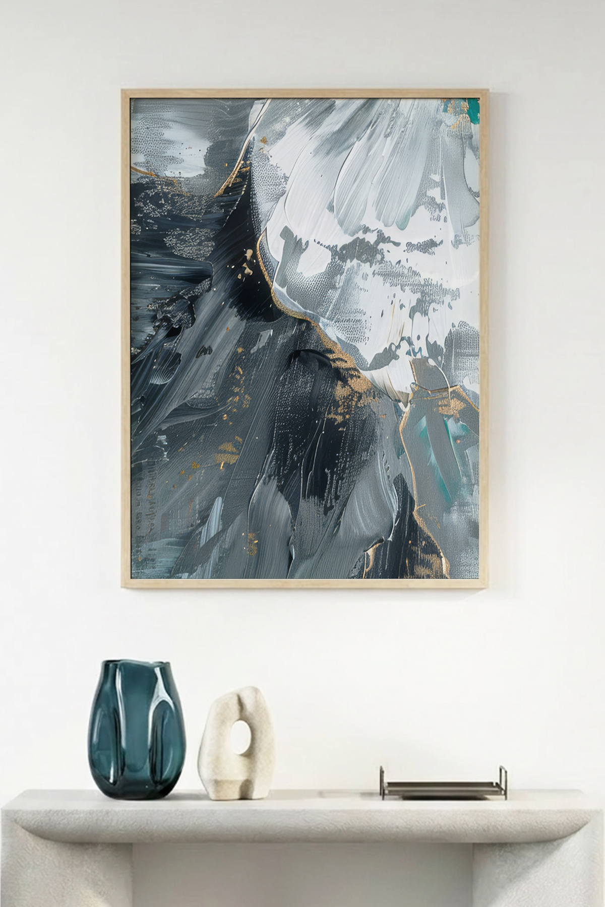 Natural Wooden Framed Abstract Painting - Black and White | huhu1296