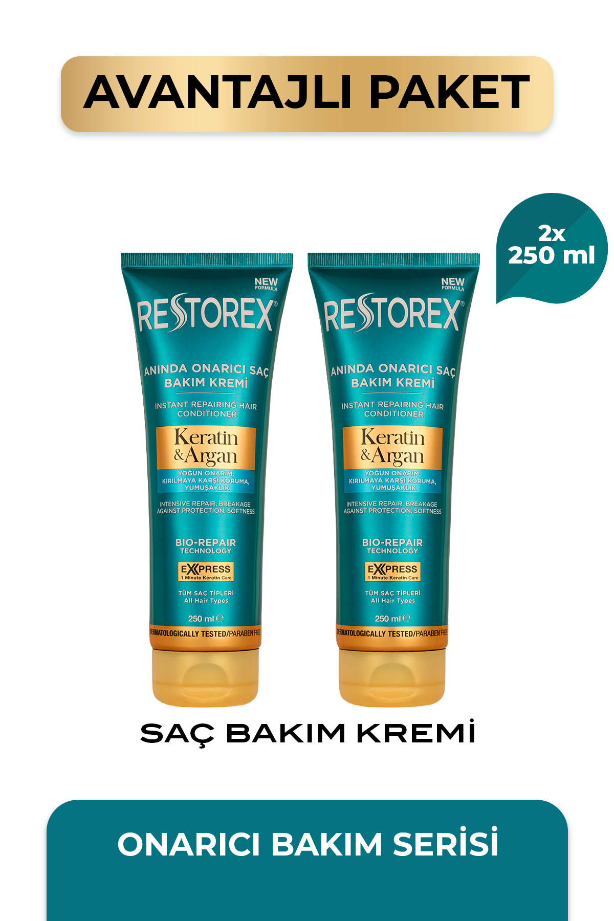 Restorex Keratin & Argan Onarıcı Saç Bakım Kremi 2 x 250 ml – Anında Onarım — B10404