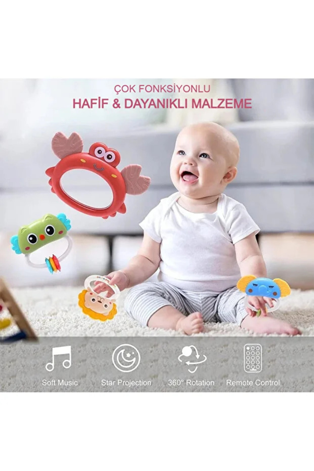 Ucuzuna Bak Işıklı Müzikli Uzaktan Kumandalı Dönence Projektörlü Dönence Oyuncak Beşik Bebek 360° Dönebilir fotoğrafı 3 (önizleme)