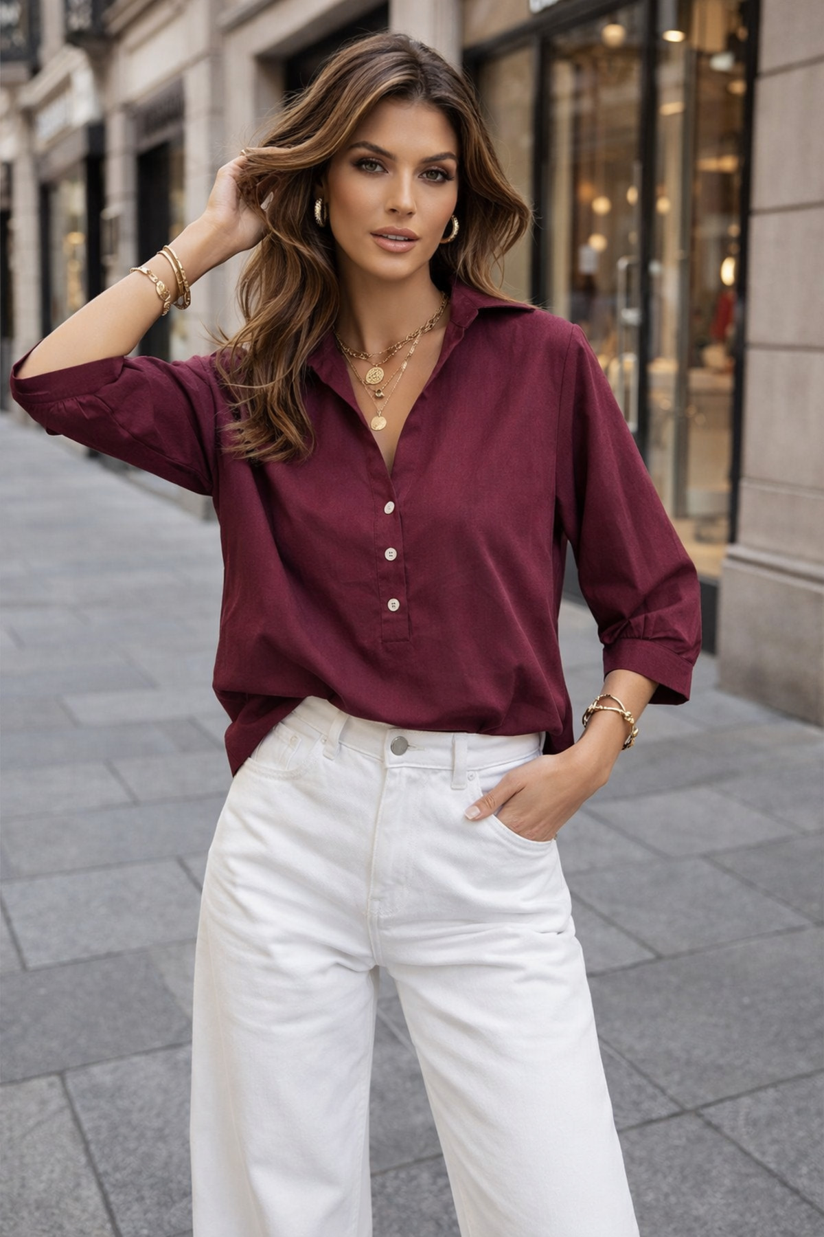 Rich  Kadın Kruvaze yaka Yarım Pat Düğmeli Bluz - Görsel 3