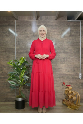 ALFU Moda Kadın Fırfır Yaka Kuşaklı Uzun Elbise