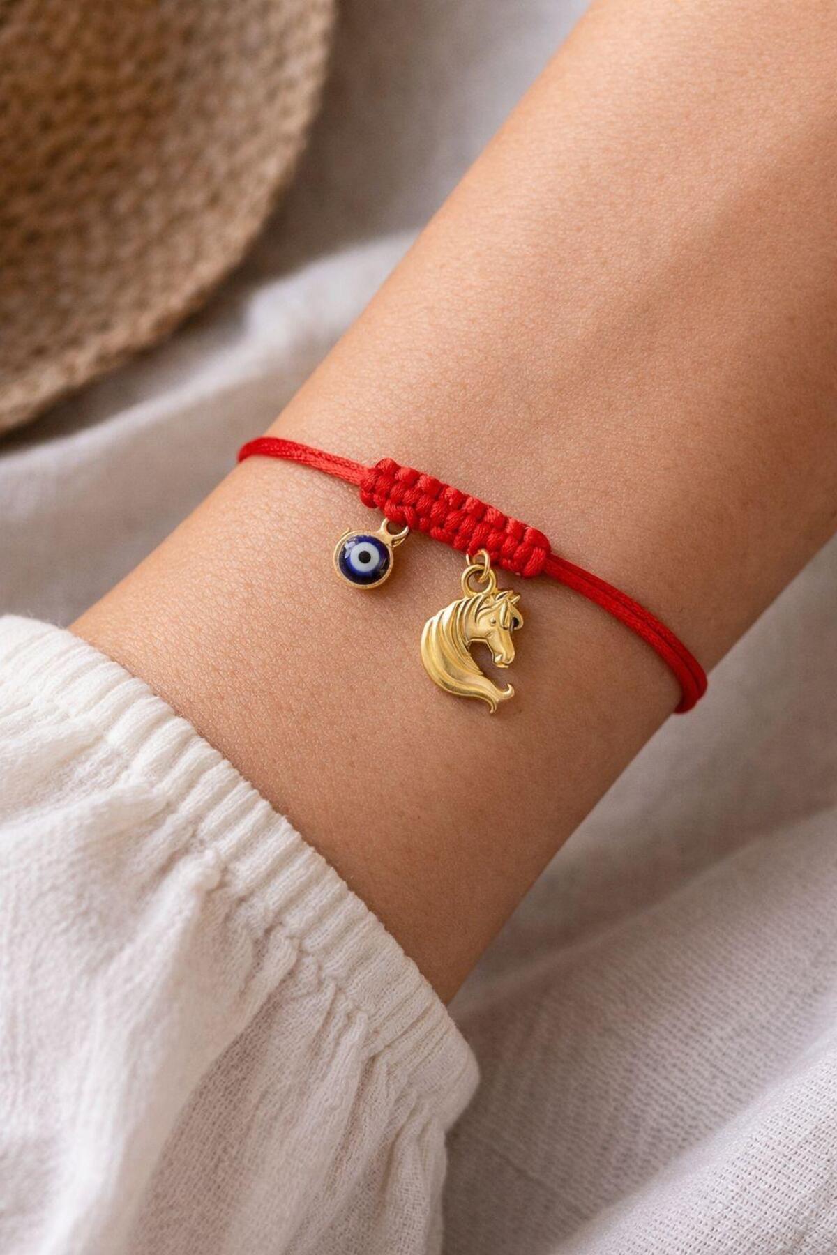Horse Gold Plated Bracelet Glass Evil Eye Beaded Red Lucky Rope Luck Bracelet