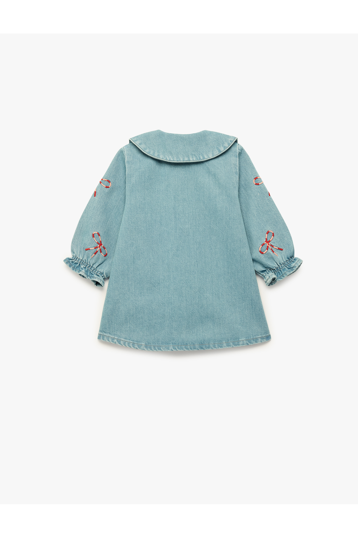 Koton Pamuklu Uzun Kollu Bebe Yaka Fiyonk Nakışlı Denim Elbise fotoğrafı 2 (önizleme)