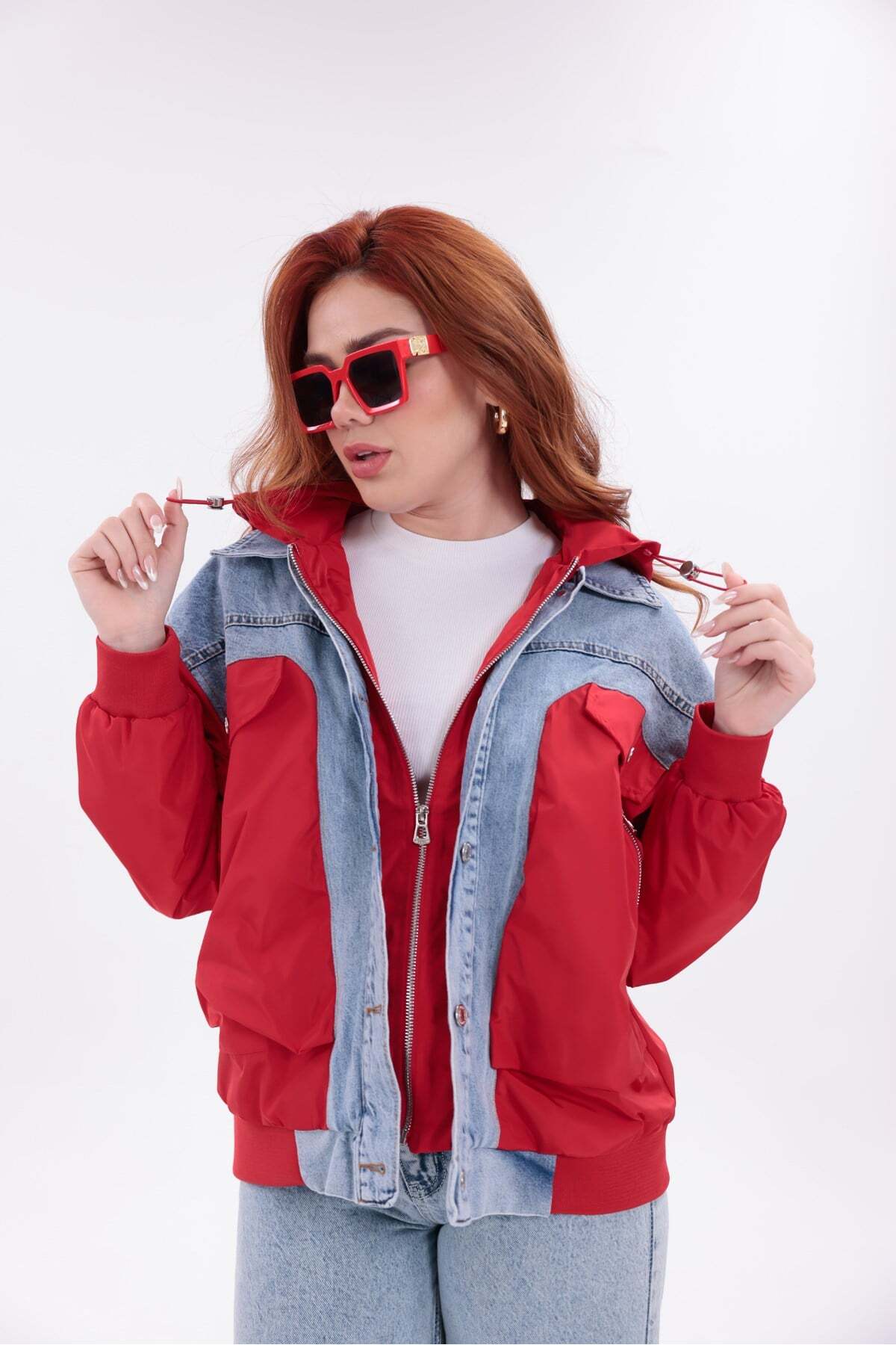 Yeys Shop Mix Kırmızı Denim Detaylı Premium Ceket