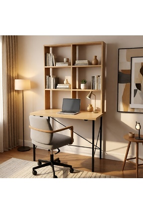 SİMA DİZAYN Modern Raflı Çalışma Masası - Fonksiyonel Kitaplıklı Bilgisayar M...