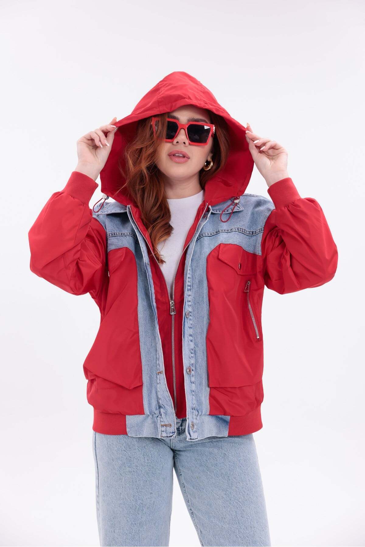 Yeys Shop Mix Kırmızı Denim Detaylı Premium Ceket görsel 3