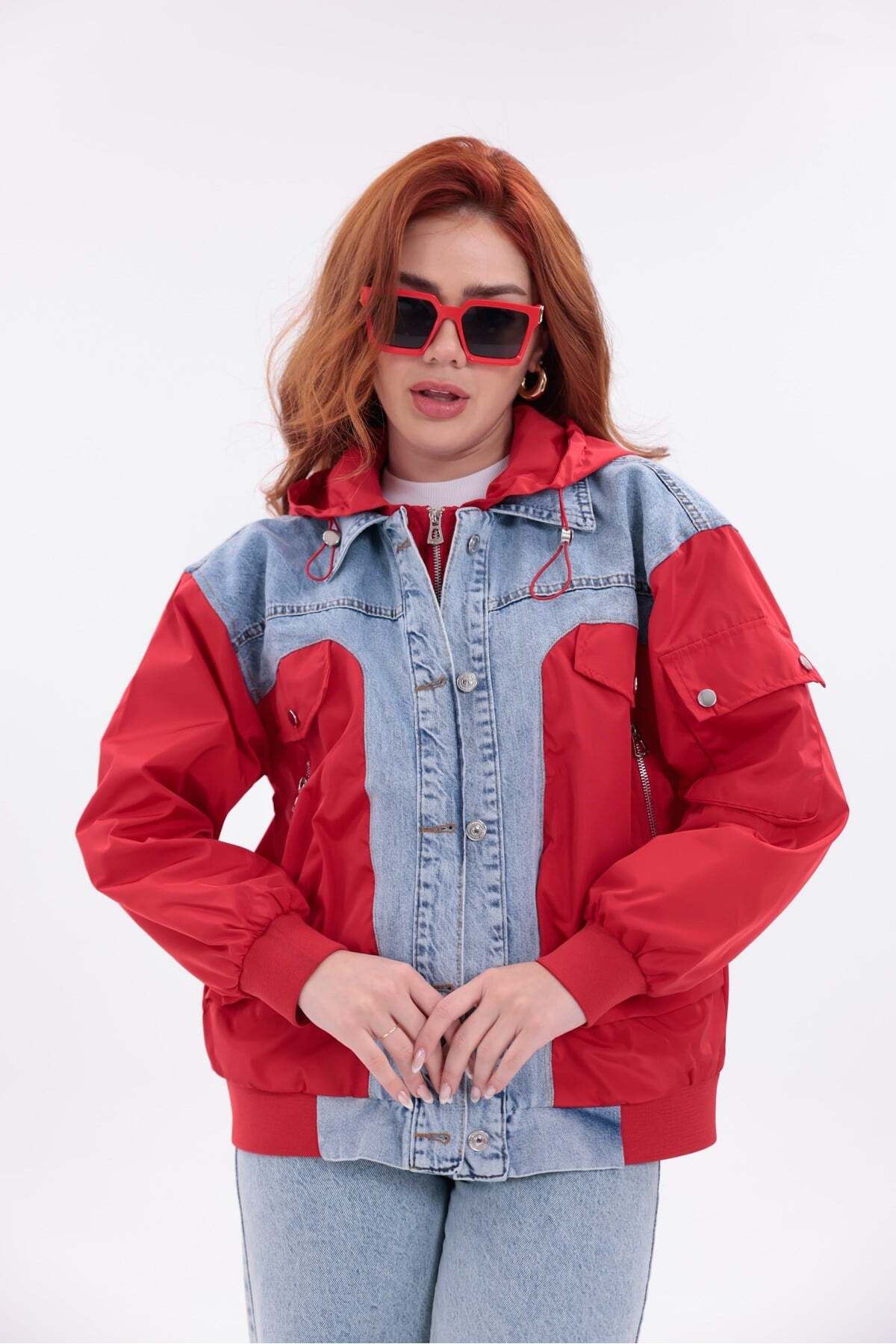 Yeys Shop Mix Kırmızı Denim Detaylı Premium Ceket görsel 6