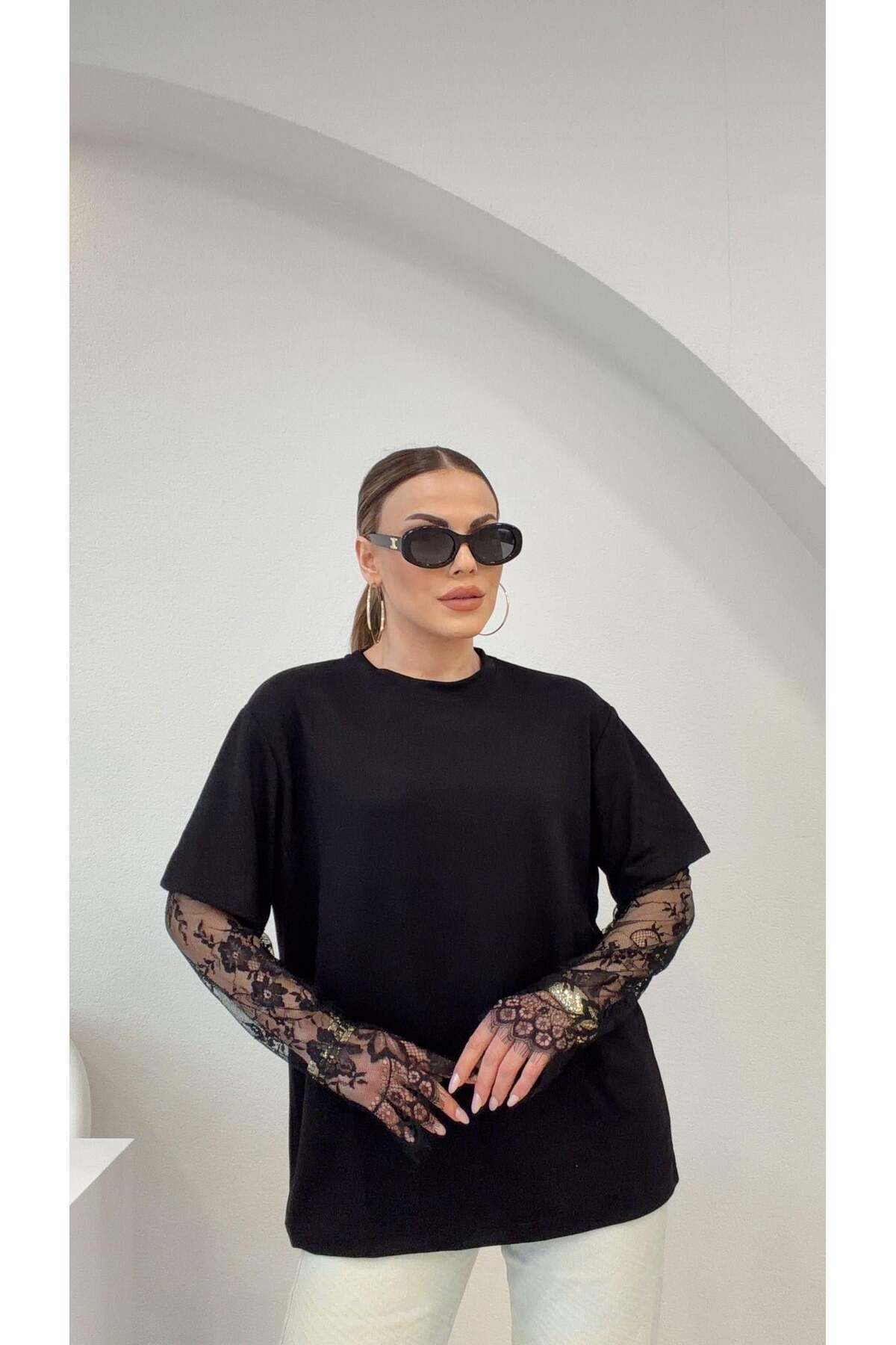 STA  Siyah kolları dantel premium bluz