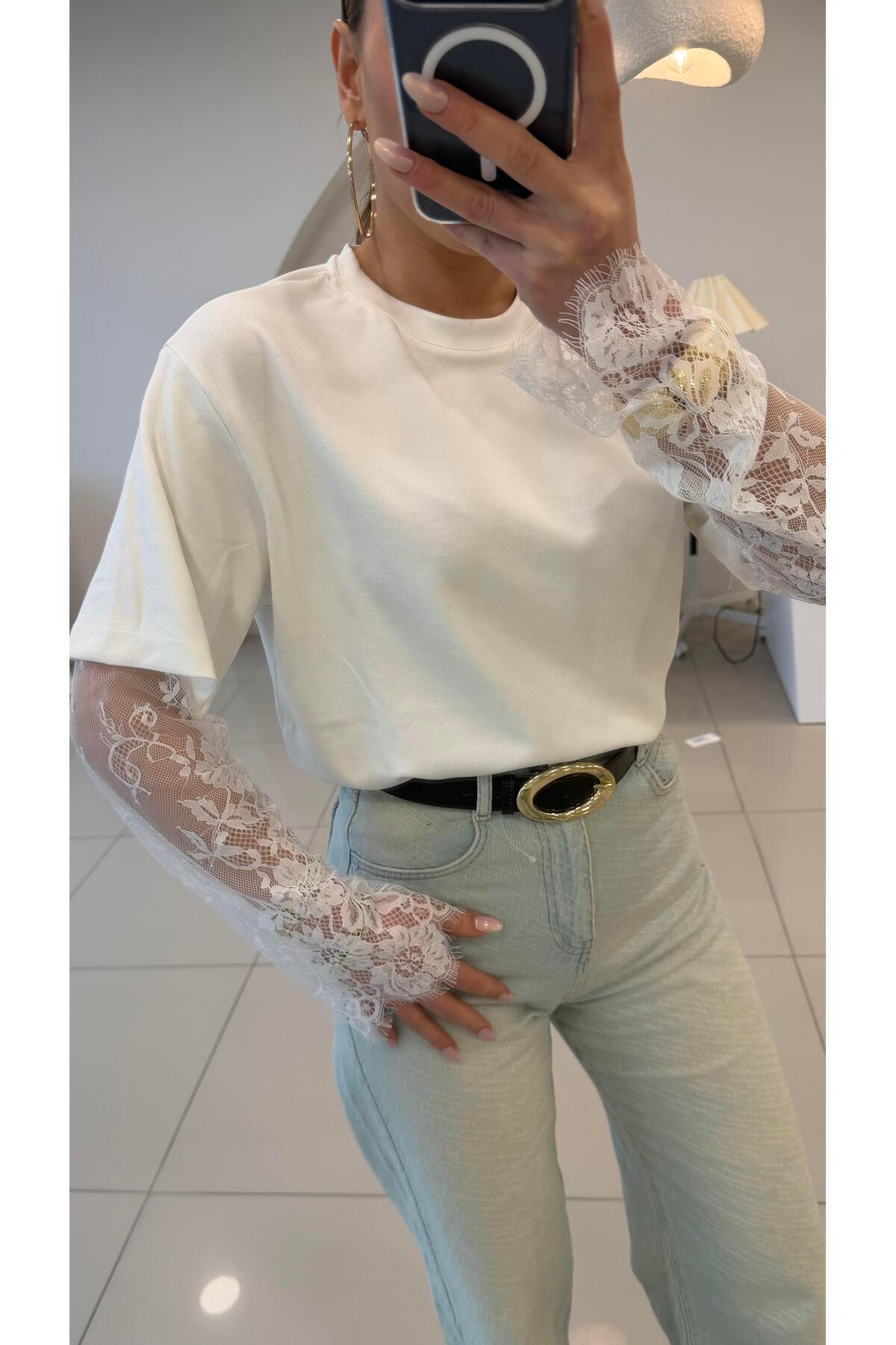 STA  Beyaz kolları dantel premium bluz - Görsel 2