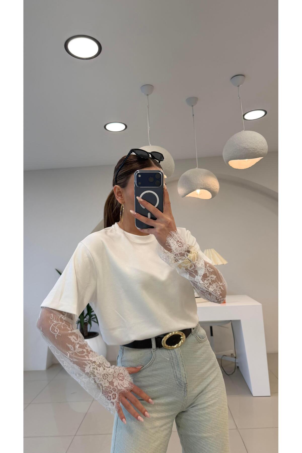 STA  Beyaz kolları dantel premium bluz - Görsel 3