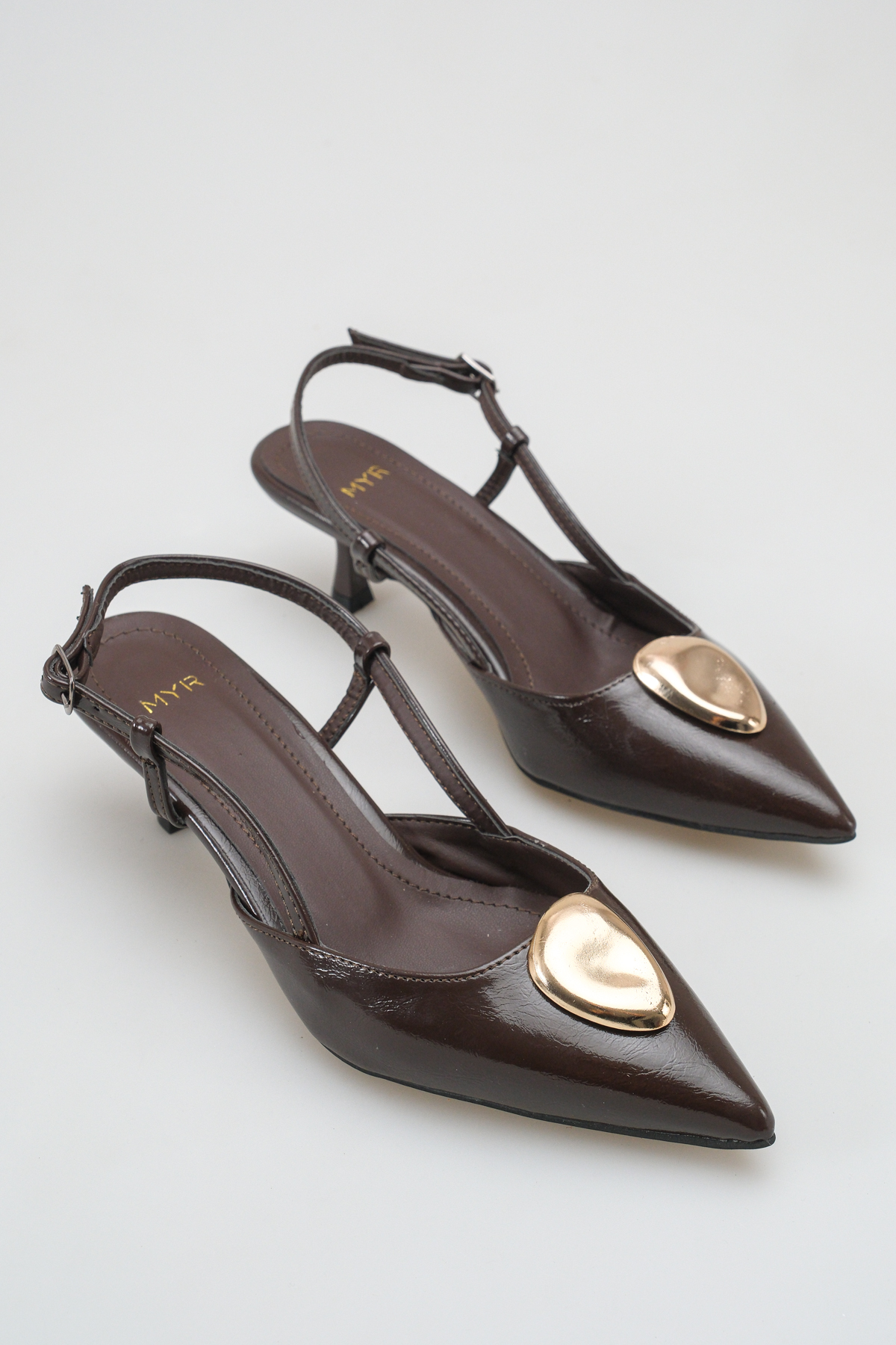 meyra'nın ayakkabıları  Kadın Tokalı Arkası Açık Kısa Sivri Topuklu Ayakkabı Acı Kahve Yanki