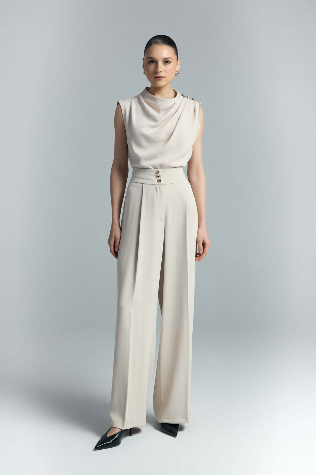 Sateen  Talia Düğme Detaylı Pantolon - Bej - Görsel 3