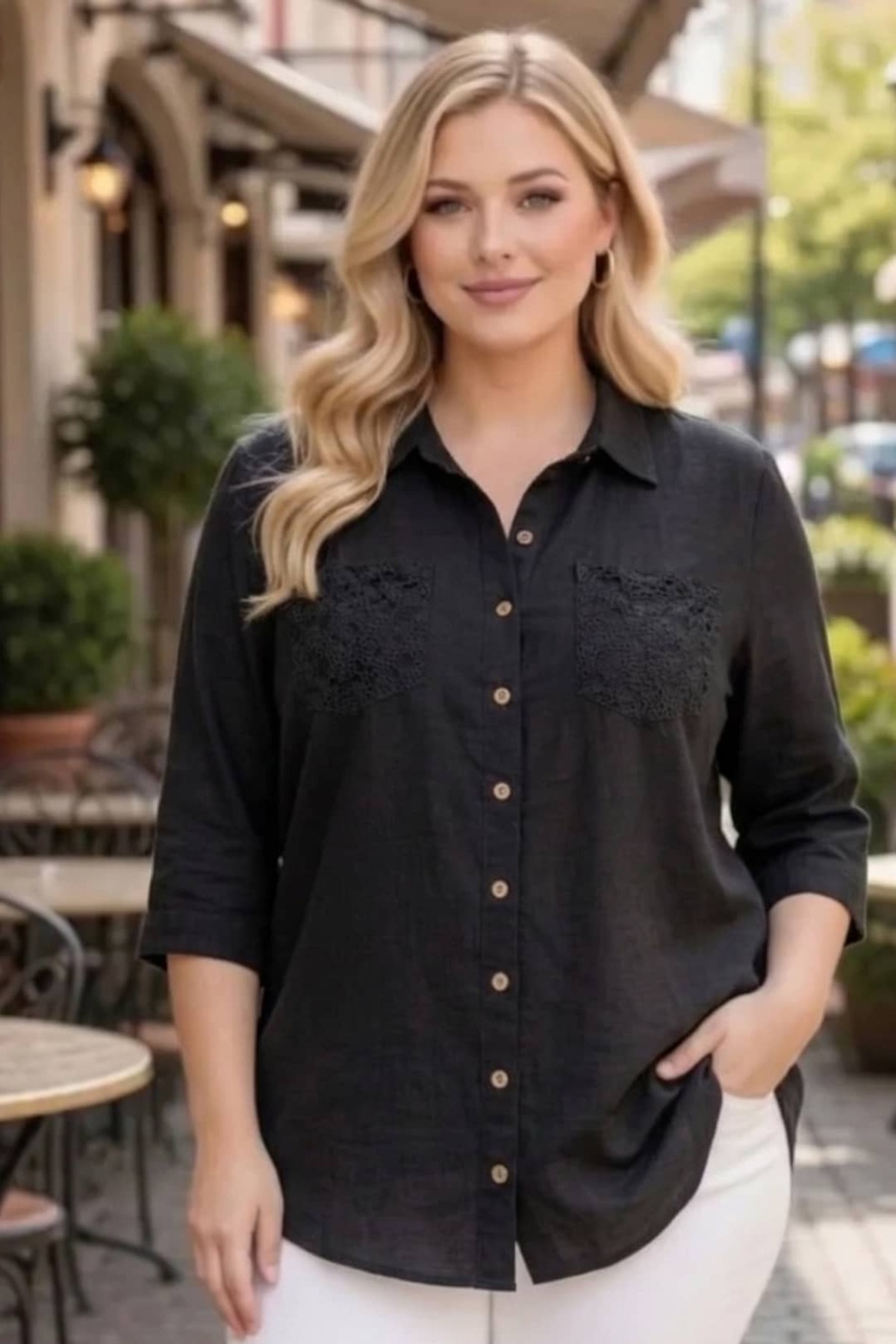 tarzımsüper  Büyük Beden Kadın Polo Yaka Boydan Düğmeli Yıkamalı Kumaş Kapri Kol Pamuklu Otantik Gömlek - Görsel 3