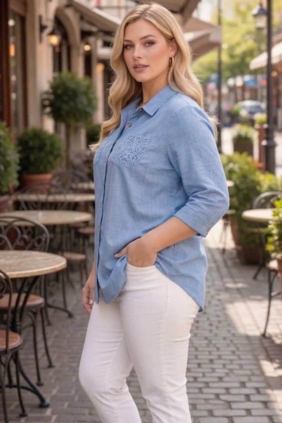 tarzımsüper  Büyük Beden Kadın Polo Yaka Boydan Düğmeli Yıkamalı Kumaş Kapri Kol Pamuklu Otantik Gömlek - Görsel 7