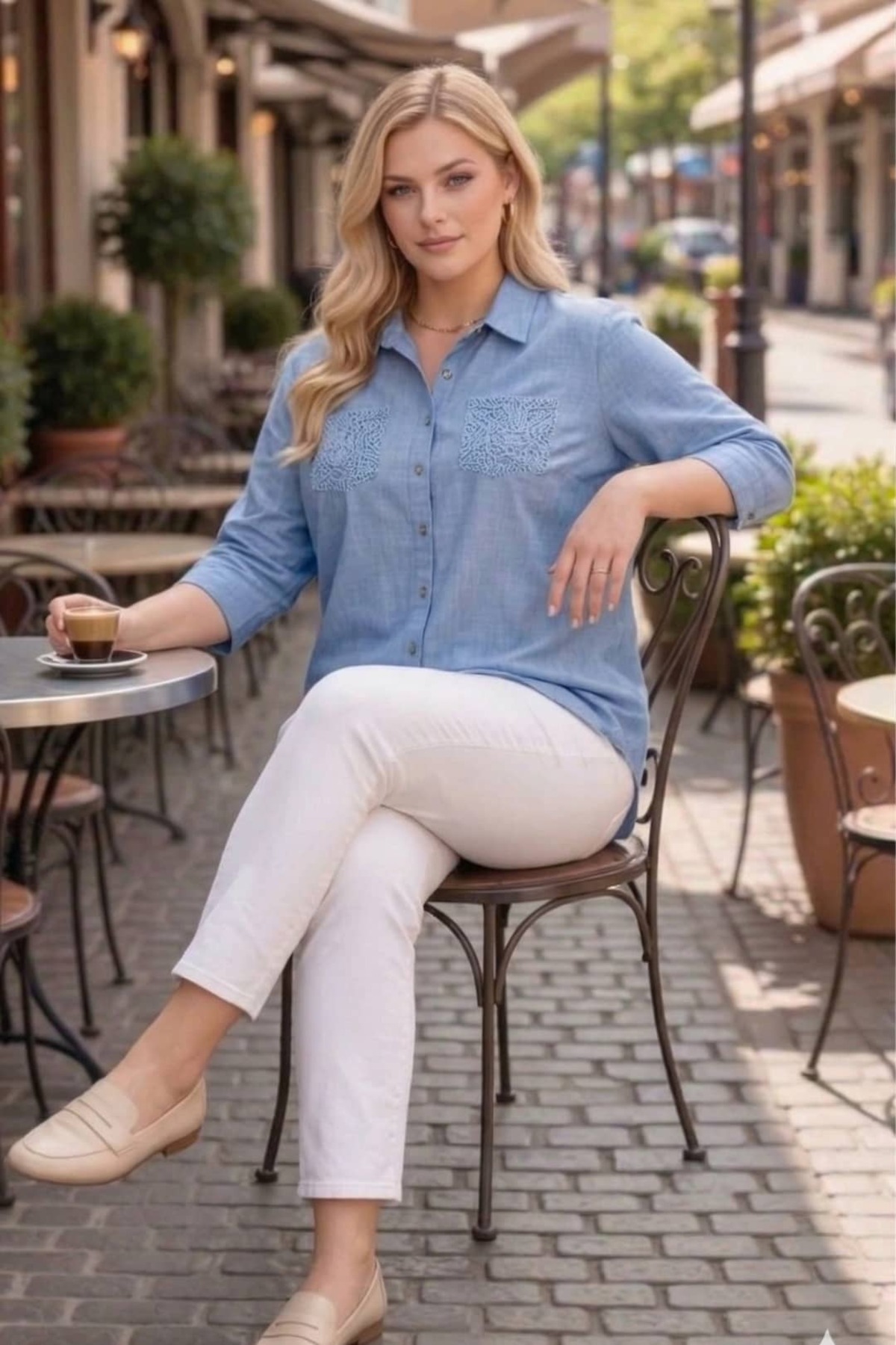 tarzımsüper  Büyük Beden Kadın Polo Yaka Boydan Düğmeli Yıkamalı Kumaş Kapri Kol Pamuklu Otantik Gömlek - Görsel 8