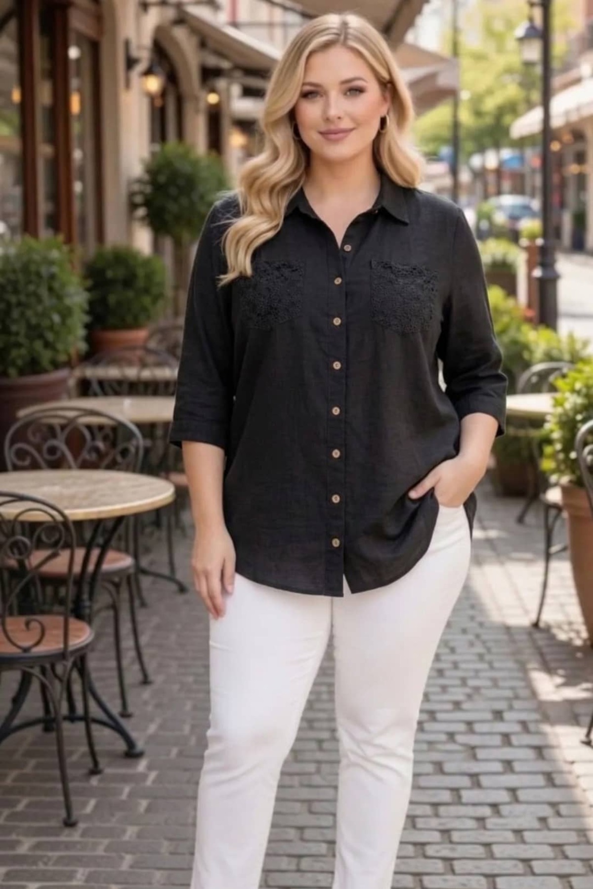 tarzımsüper  Büyük Beden Kadın Polo Yaka Boydan Düğmeli Yıkamalı Kumaş Kapri Kol Pamuklu Otantik Gömlek - Görsel 4