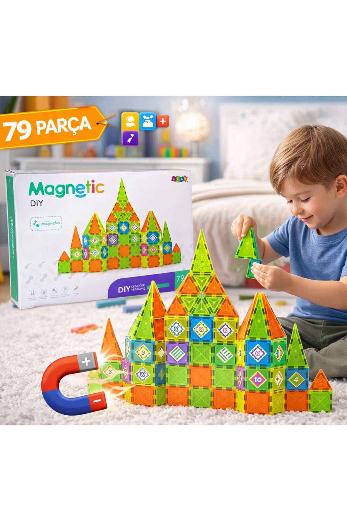 LRS STORE Manyetik Yapı Blokları–Çocuklar İçin Renkli 3 Boyutlu 79 Parça Mıknatıslı Karo Seti fotoğrafı 6 (önizleme)