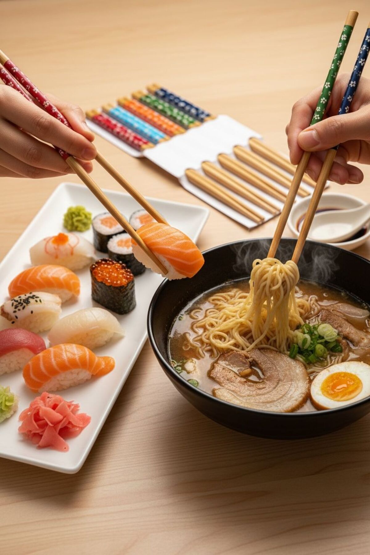 Renkli 10’lu Bambu Chopsticks | Dayanıklı ve Dekoratif Yemek Çubukları Seti